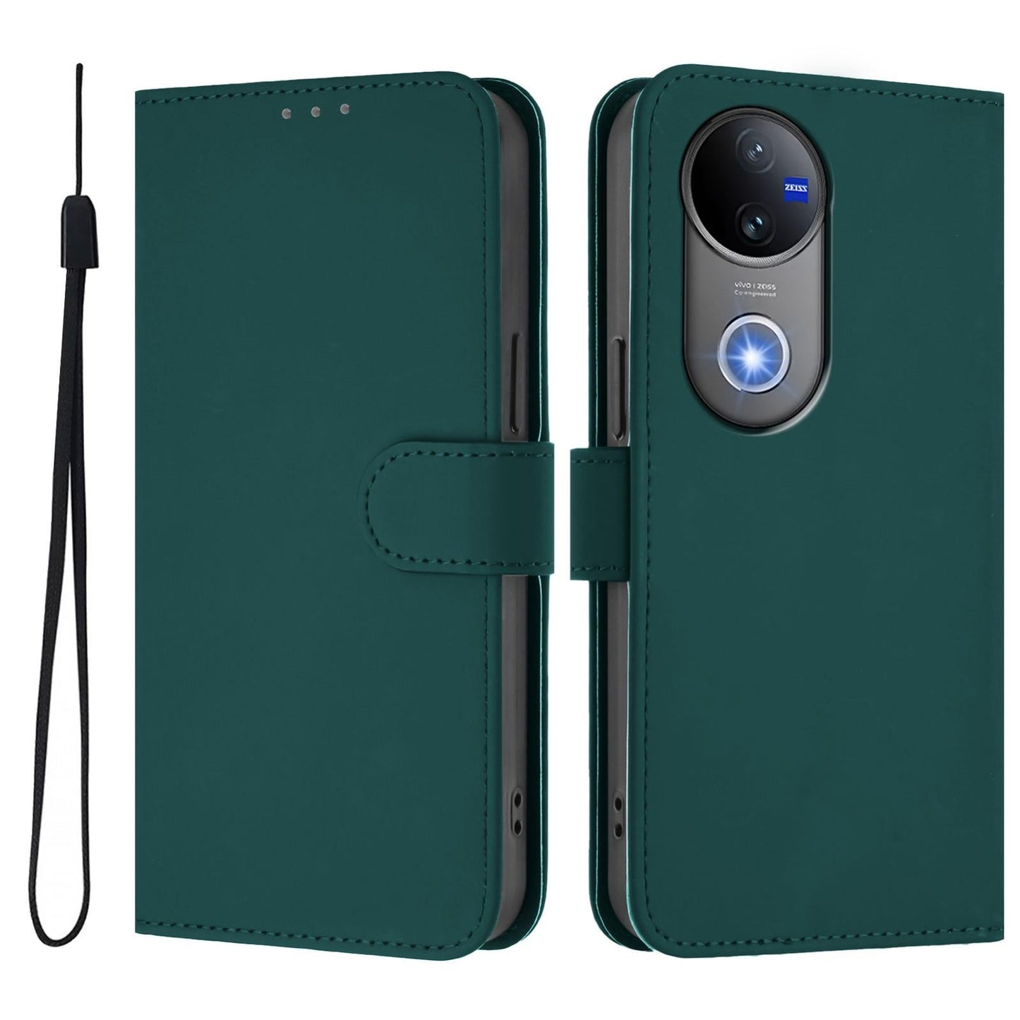 For vivo V50 Global Skin Feel Solid Color Leather Phone Case with Lanyard(Dark Green)