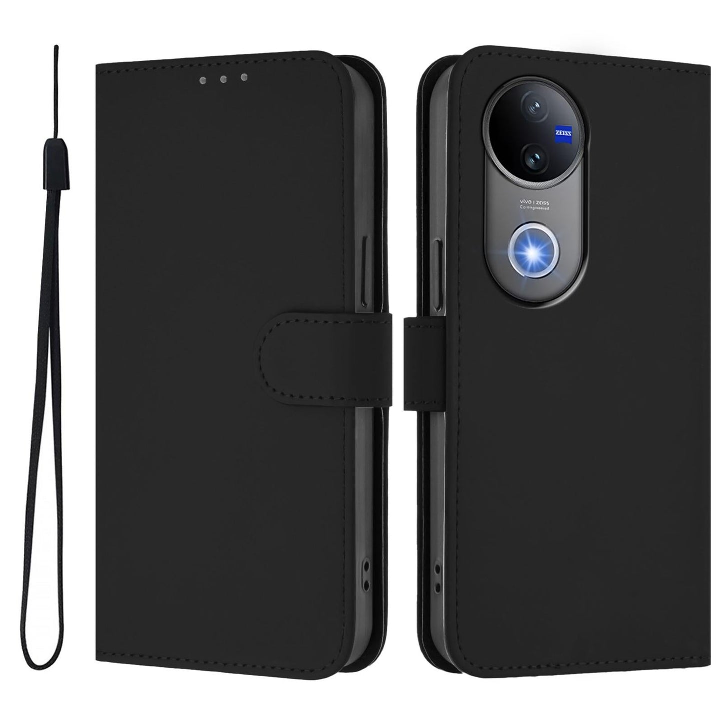 For vivo V50 Global Skin Feel Solid Color Leather Phone Case with Lanyard(Black)