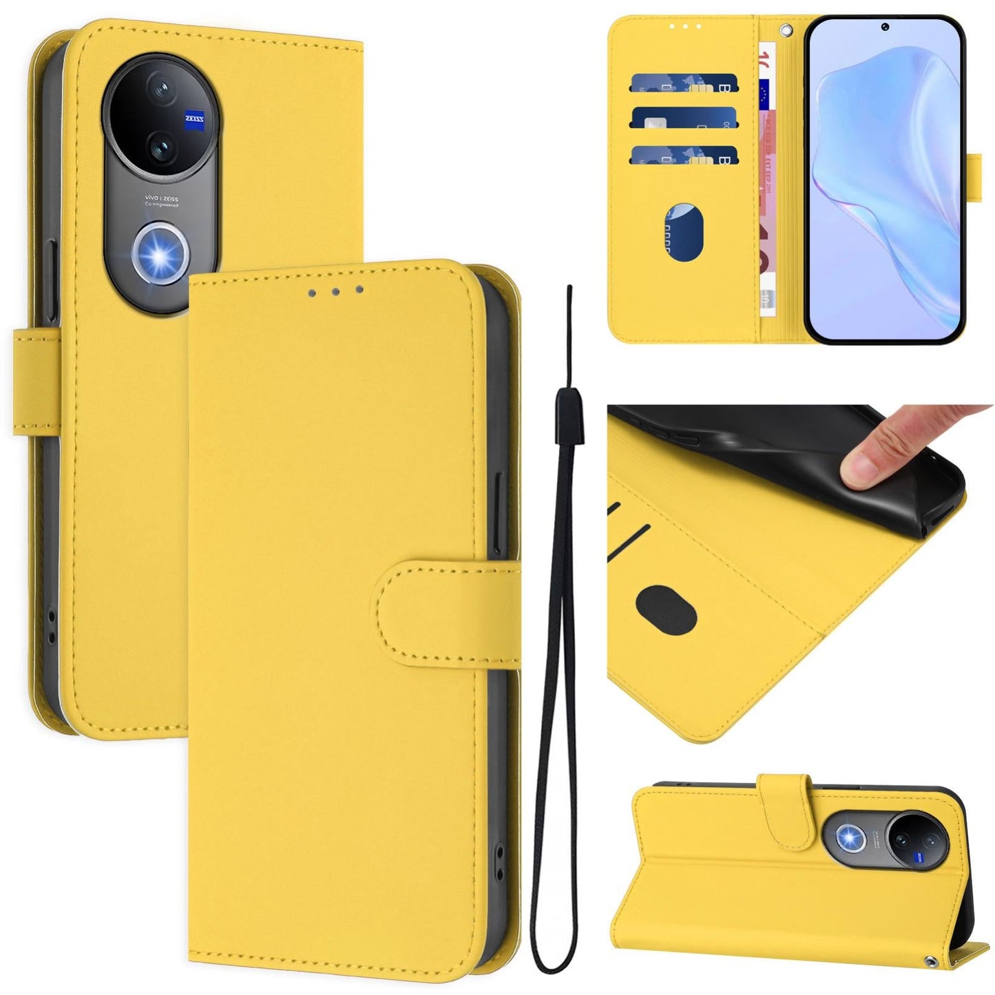 For vivo V50 Global Skin Feel Solid Color Leather Phone Case with Lanyard(Lemon Yellow)