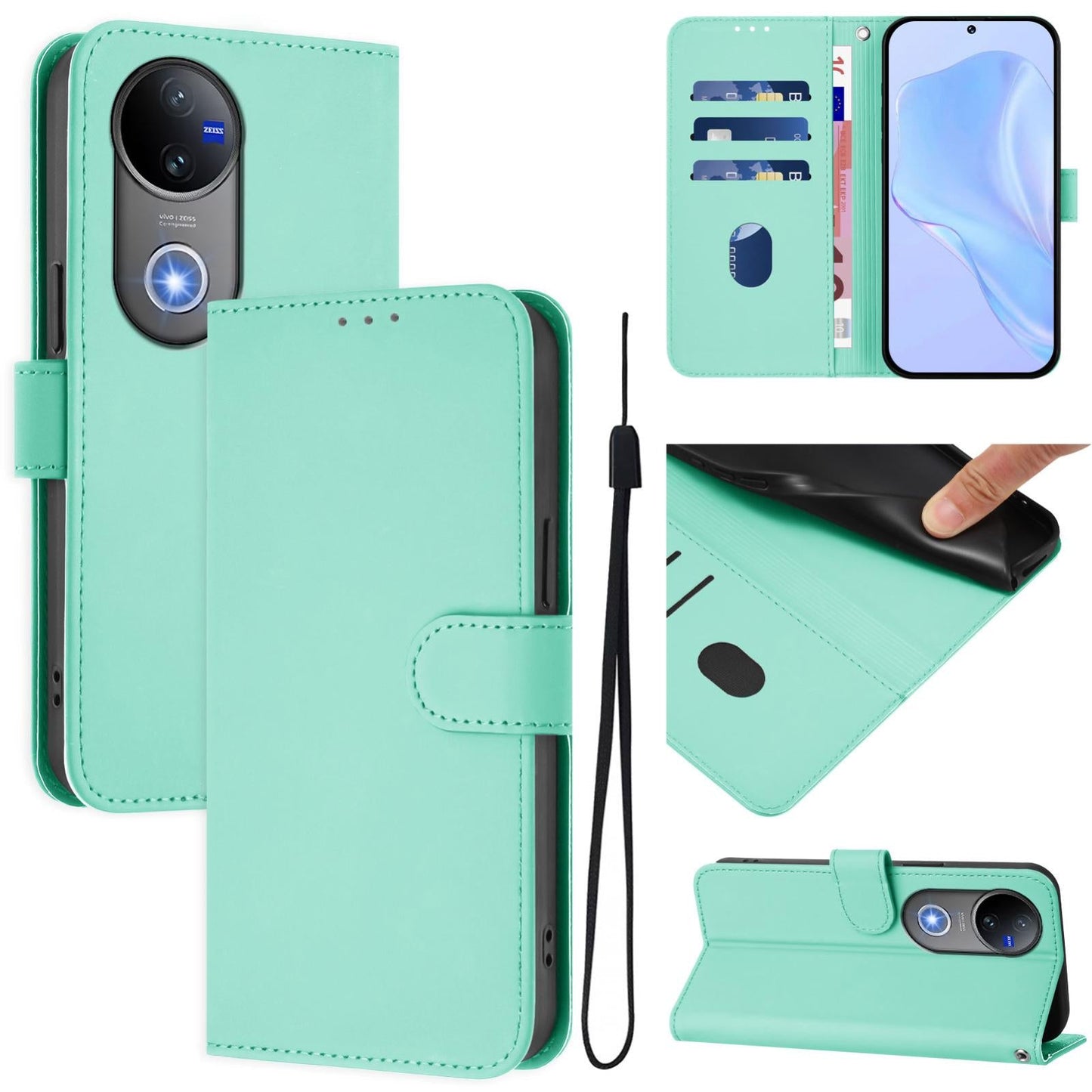 For vivo V50 Global Skin Feel Solid Color Leather Phone Case with Lanyard(Mint Green)