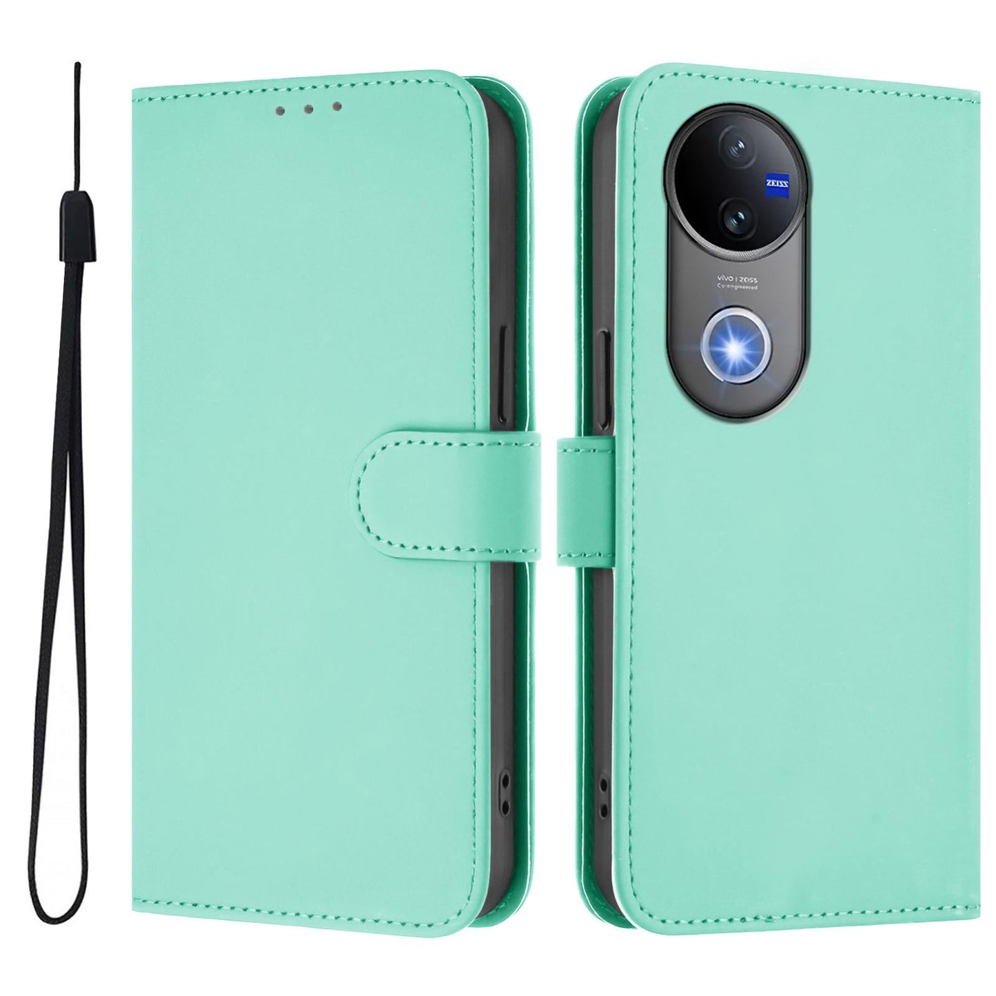 For vivo V50 Global Skin Feel Solid Color Leather Phone Case with Lanyard(Mint Green)