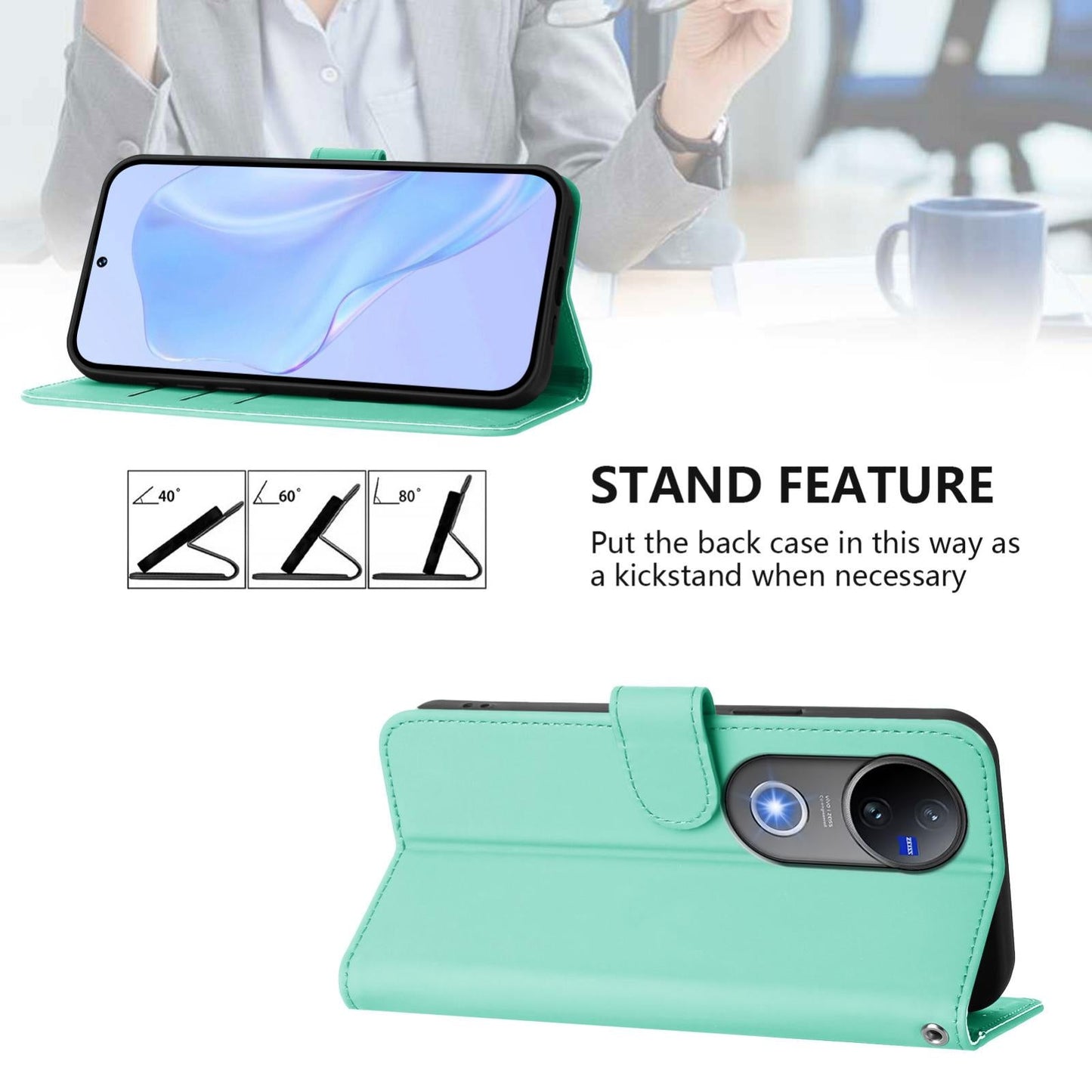 For vivo V50 Global Skin Feel Solid Color Leather Phone Case with Lanyard(Mint Green)