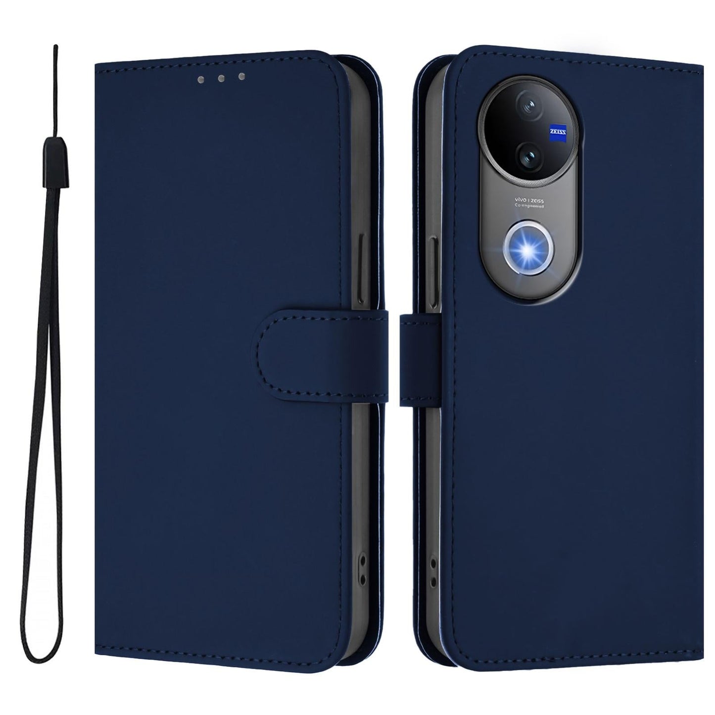 For vivo V50 Global Skin Feel Solid Color Leather Phone Case with Lanyard(Navy Blue)