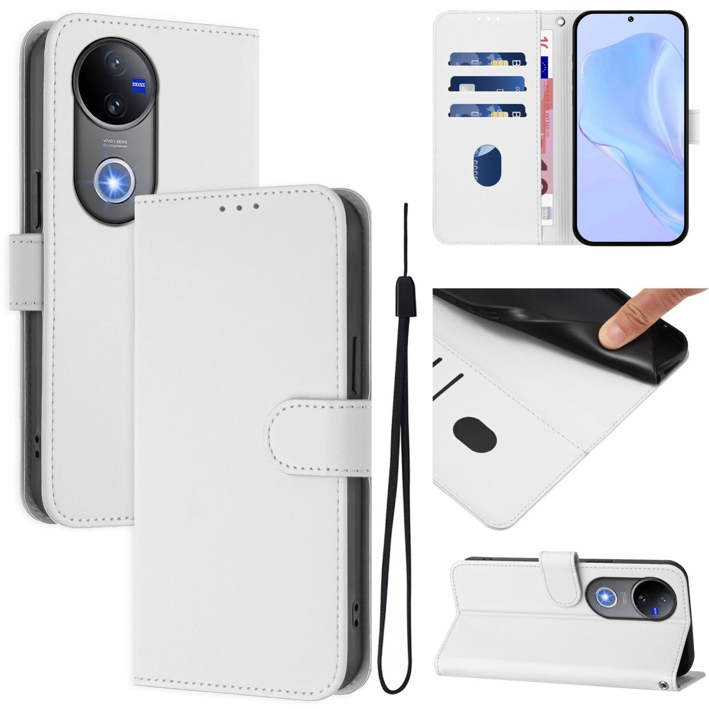 For vivo V50 Global Skin Feel Solid Color Leather Phone Case with Lanyard(White)