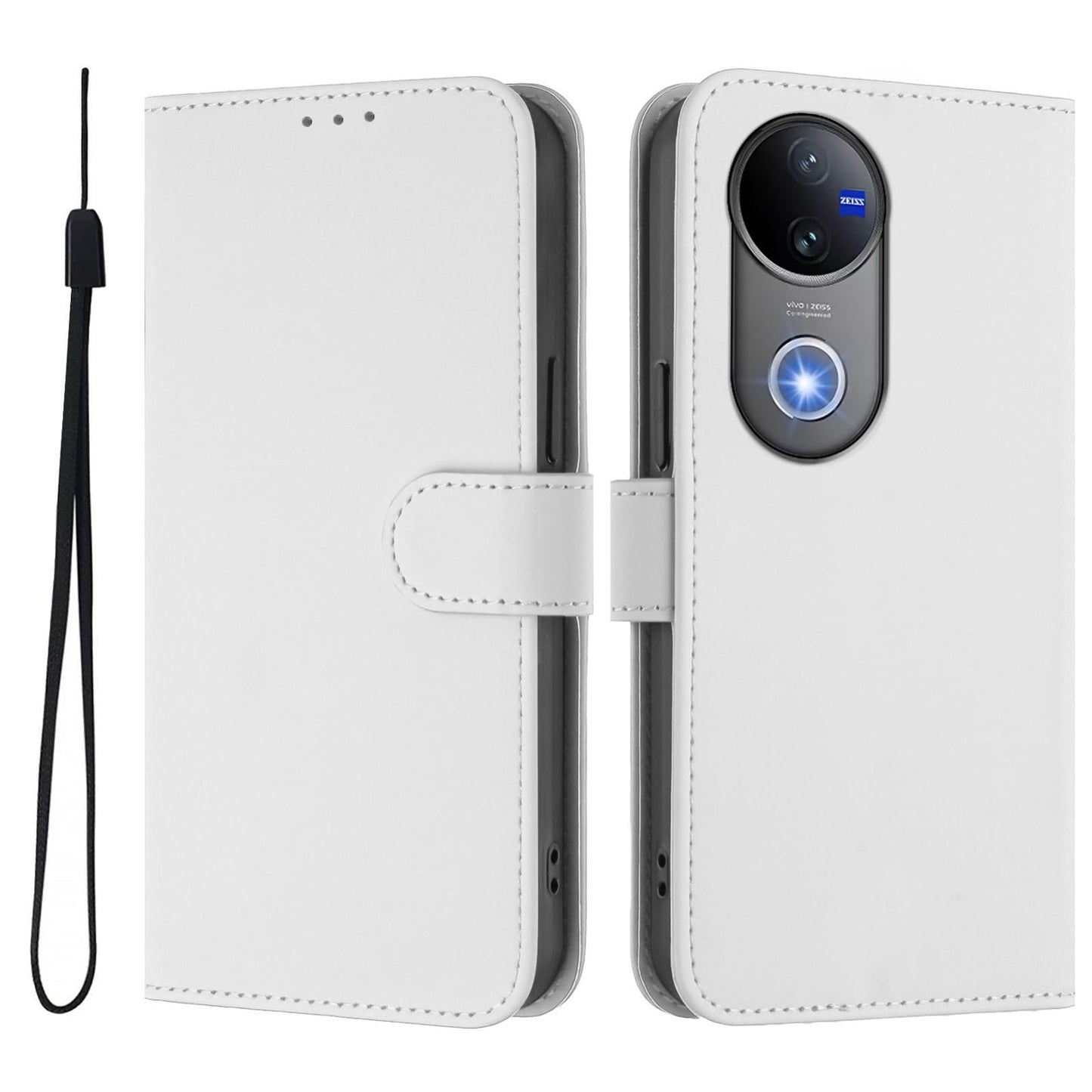 For vivo V50 Global Skin Feel Solid Color Leather Phone Case with Lanyard(White)