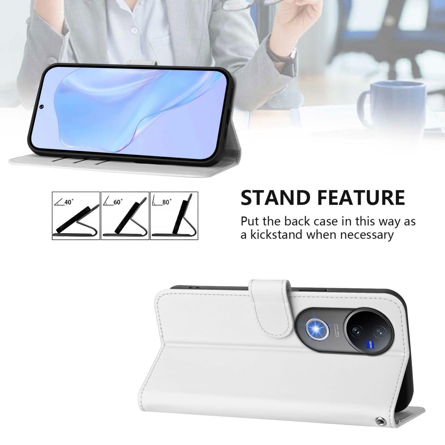 For vivo V50 Global Skin Feel Solid Color Leather Phone Case with Lanyard(White)