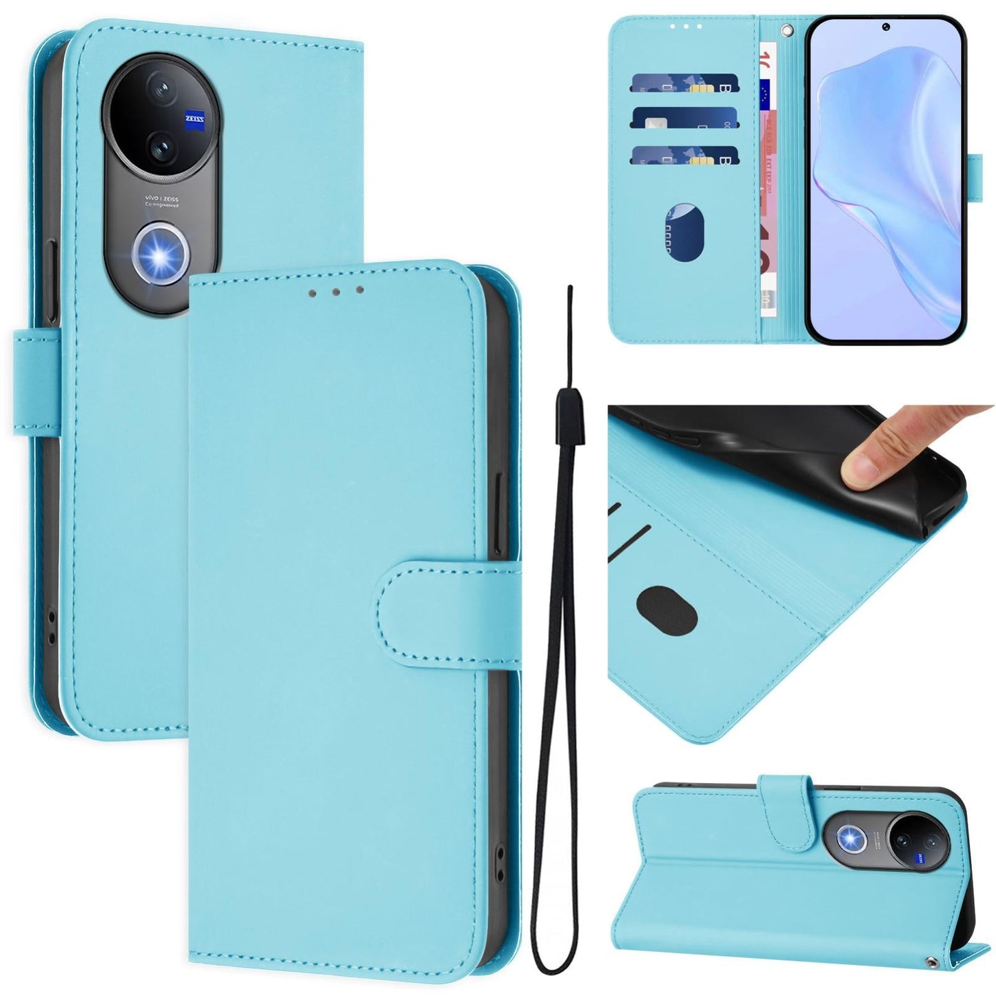For vivo V50 Global Skin Feel Solid Color Leather Phone Case with Lanyard(Sky Blue)