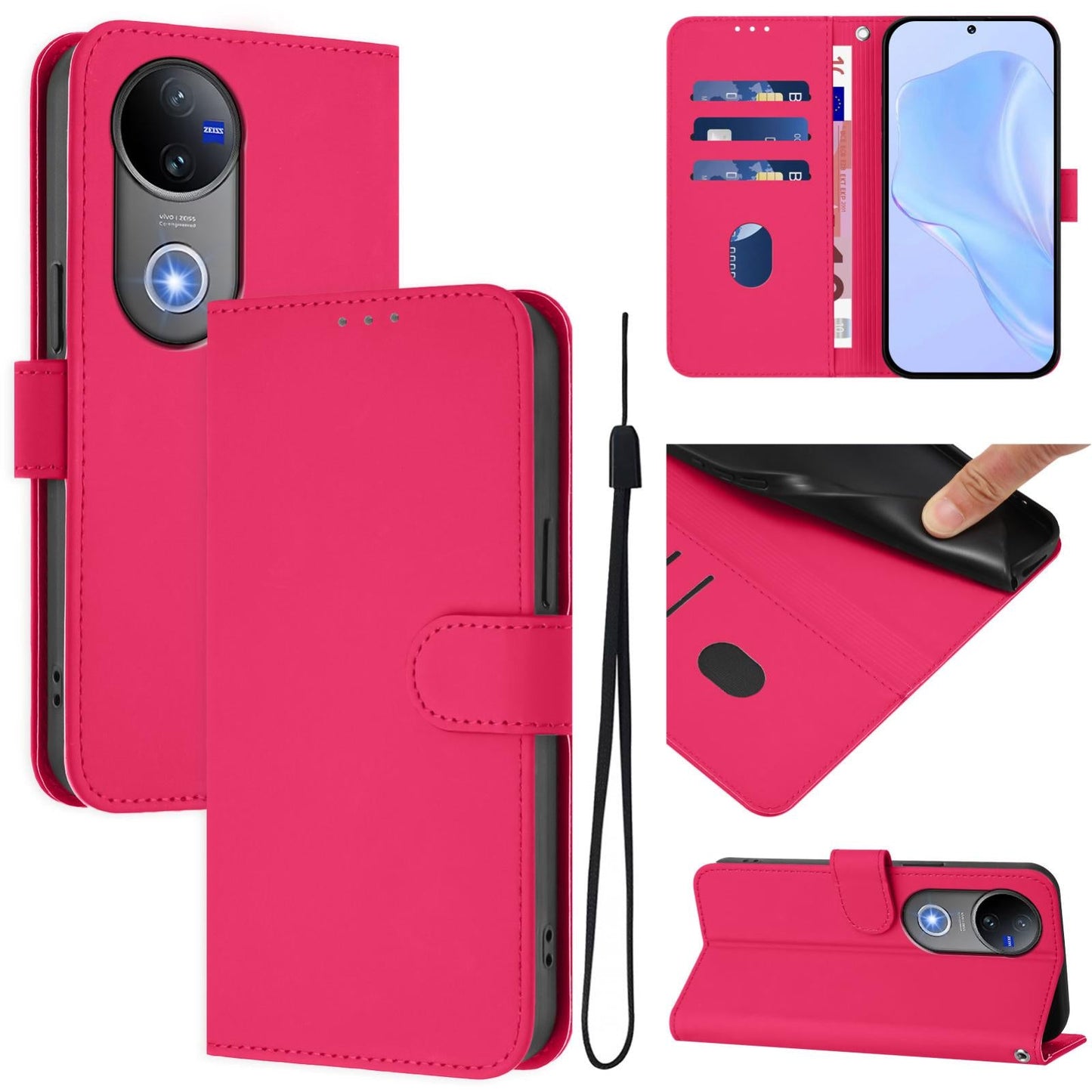For vivo V50 Global Skin Feel Solid Color Leather Phone Case with Lanyard(Rose Red)