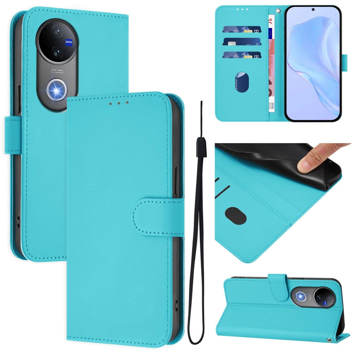 For vivo V50 Global Skin Feel Solid Color Leather Phone Case with Lanyard(Lake Blue)