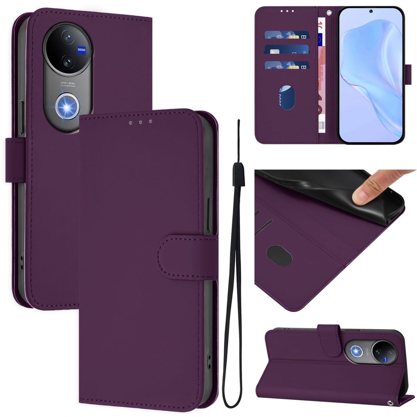 For vivo V50 Global Skin Feel Solid Color Leather Phone Case with Lanyard(Violet)
