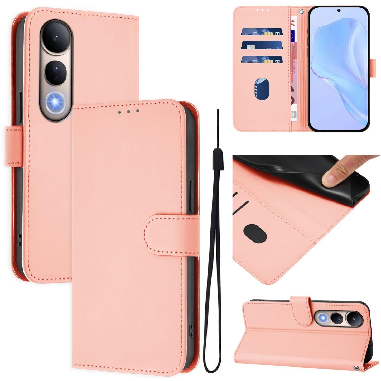 For vivo V50 Lite 5G Skin Feel Solid Color Leather Phone Case with Lanyard(Pink)
