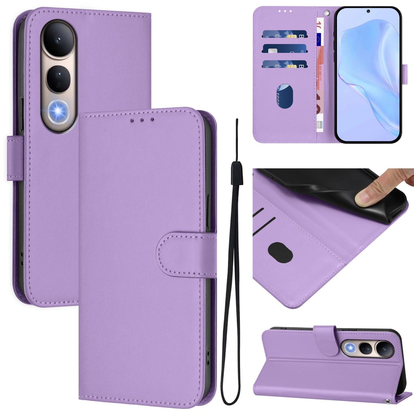 For vivo V50 Lite 5G Skin Feel Solid Color Leather Phone Case with Lanyard(Lavender Purple)