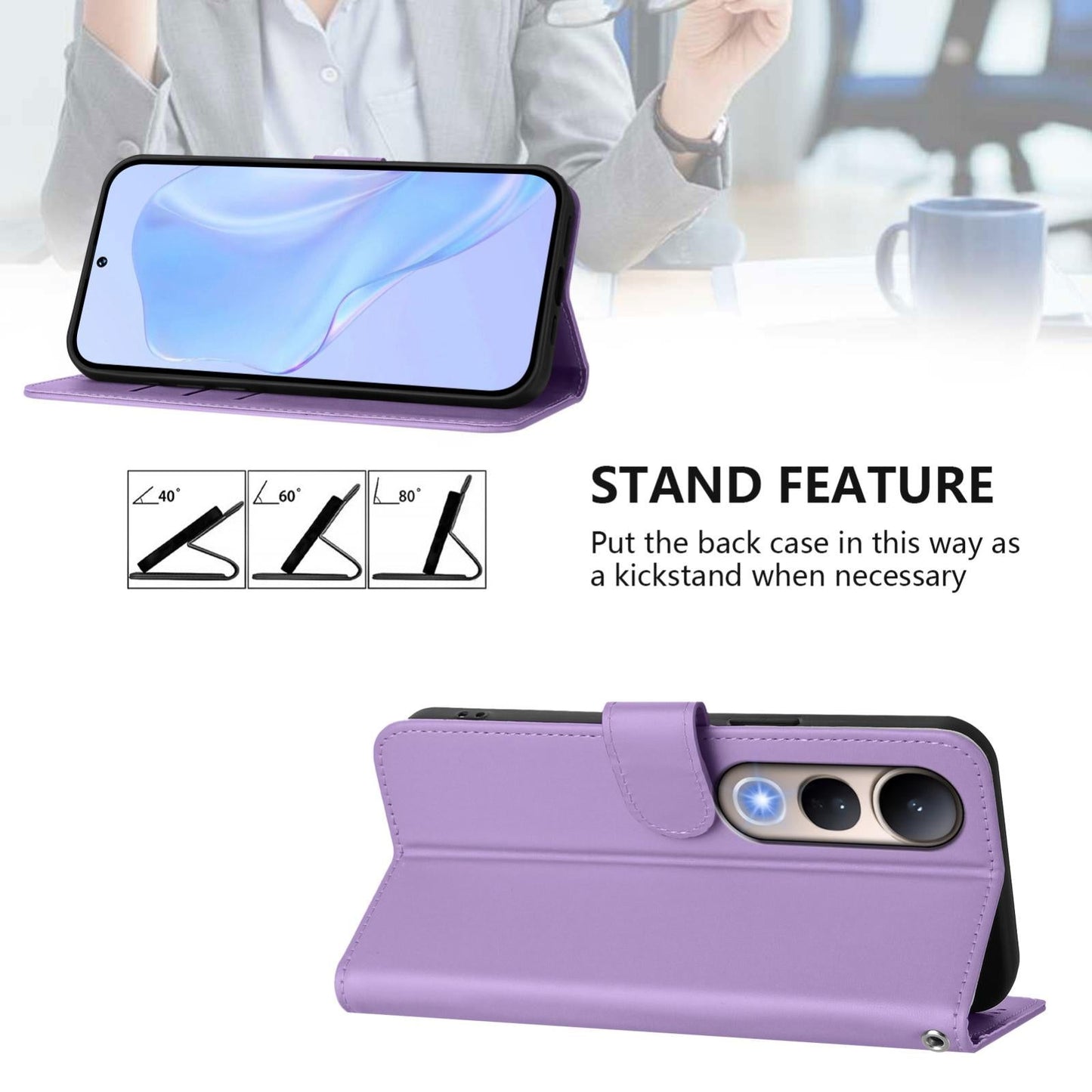 For vivo V50 Lite 5G Skin Feel Solid Color Leather Phone Case with Lanyard(Lavender Purple)