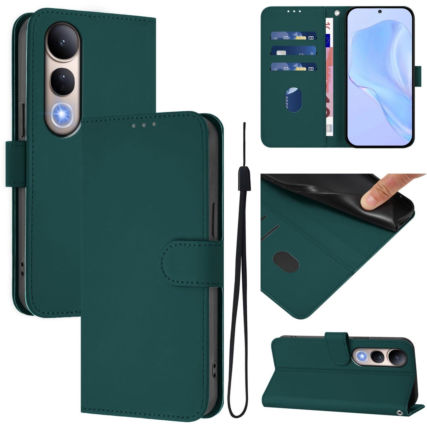 For vivo V50 Lite 5G Skin Feel Solid Color Leather Phone Case with Lanyard(Dark Green)