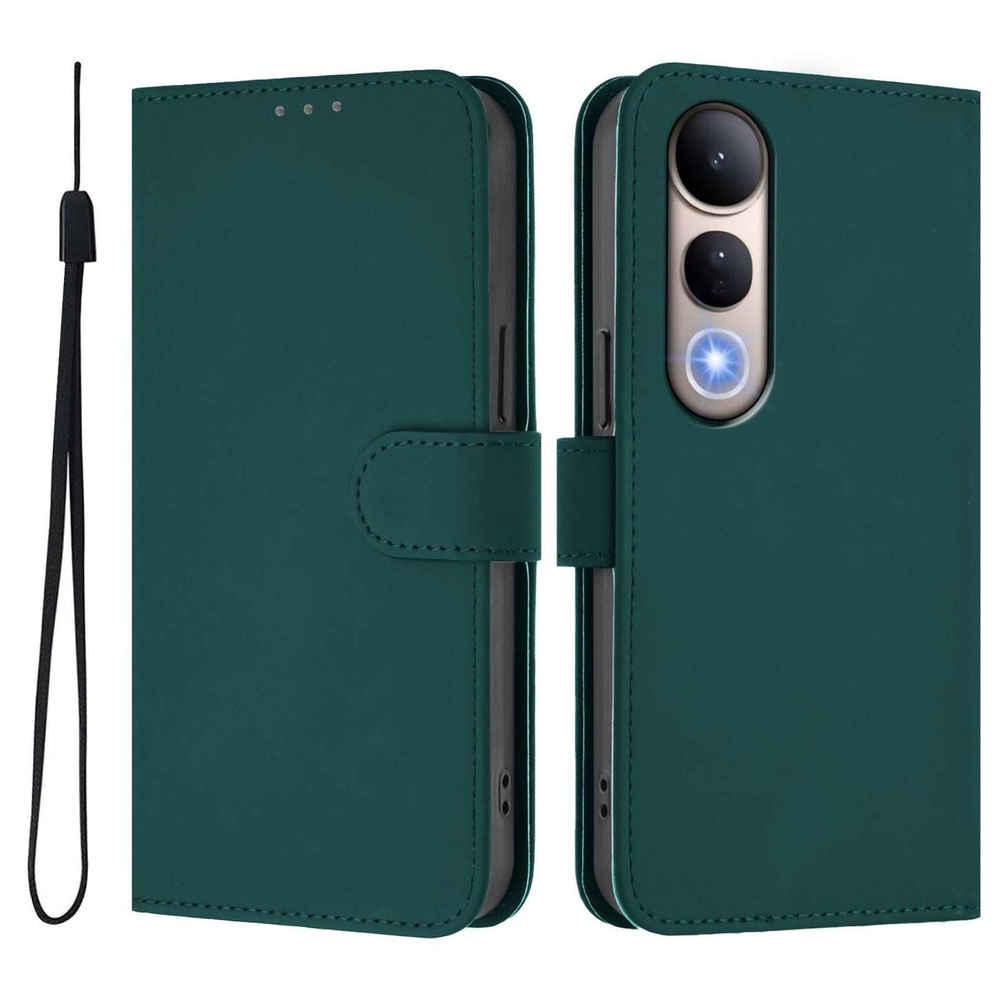 For vivo V50 Lite 5G Skin Feel Solid Color Leather Phone Case with Lanyard(Dark Green)