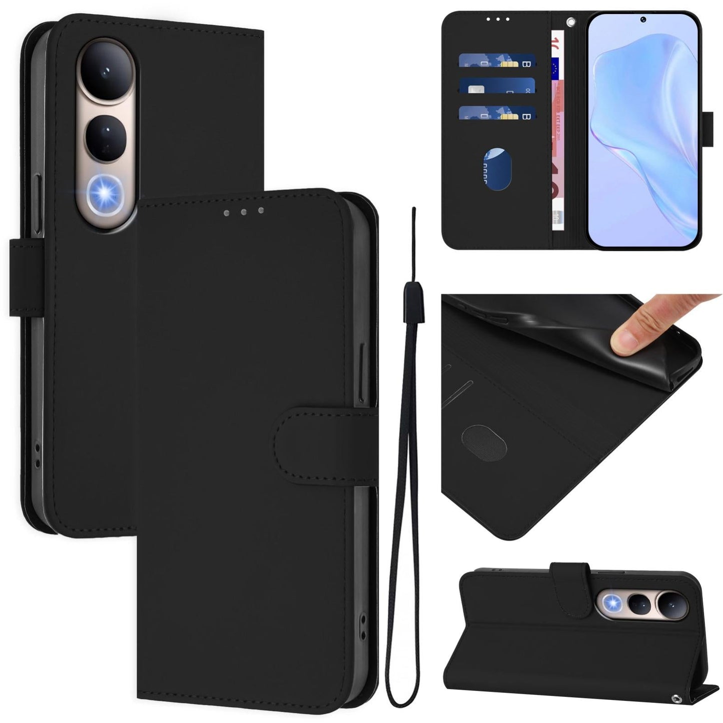 For vivo V50 Lite 5G Skin Feel Solid Color Leather Phone Case with Lanyard(Black)