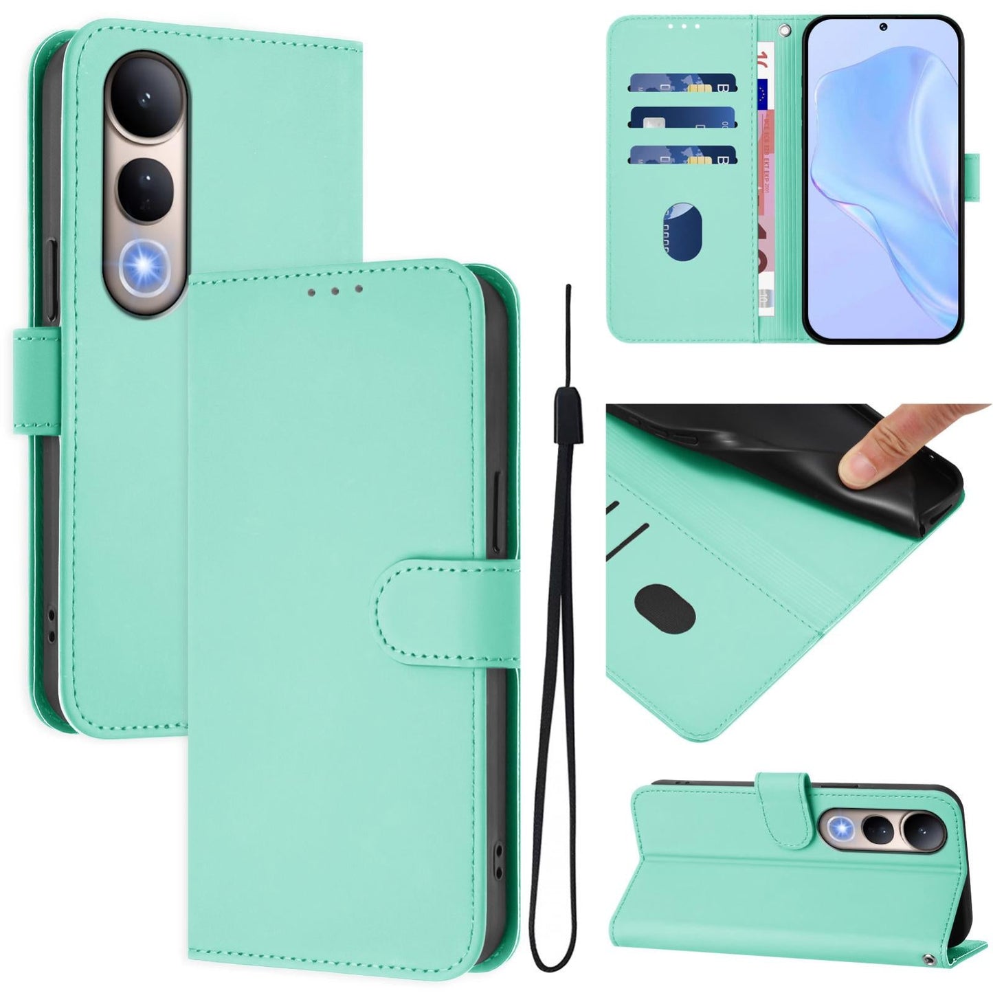 For vivo V50 Lite 5G Skin Feel Solid Color Leather Phone Case with Lanyard(Mint Green)