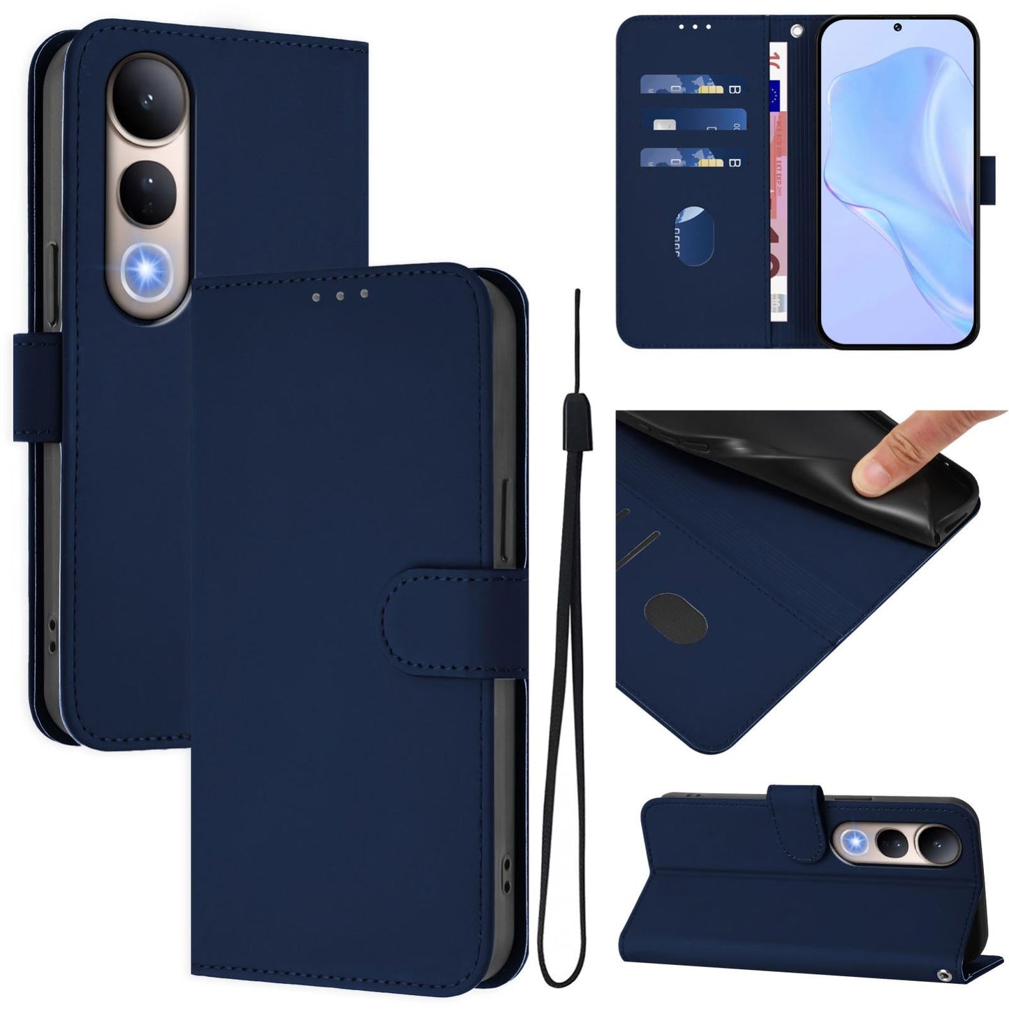 For vivo V50 Lite 5G Skin Feel Solid Color Leather Phone Case with Lanyard(Navy Blue)