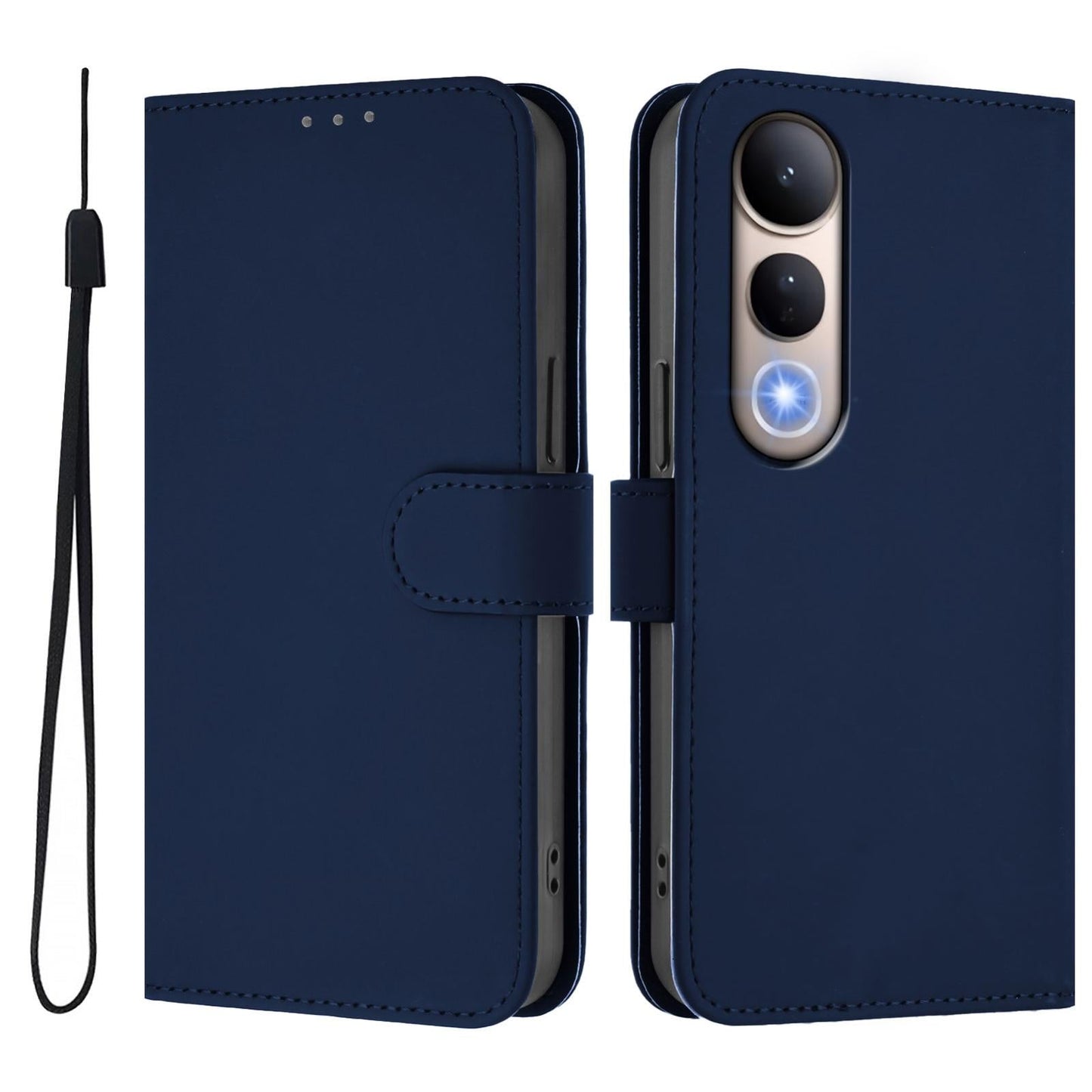 For vivo V50 Lite 5G Skin Feel Solid Color Leather Phone Case with Lanyard(Navy Blue)