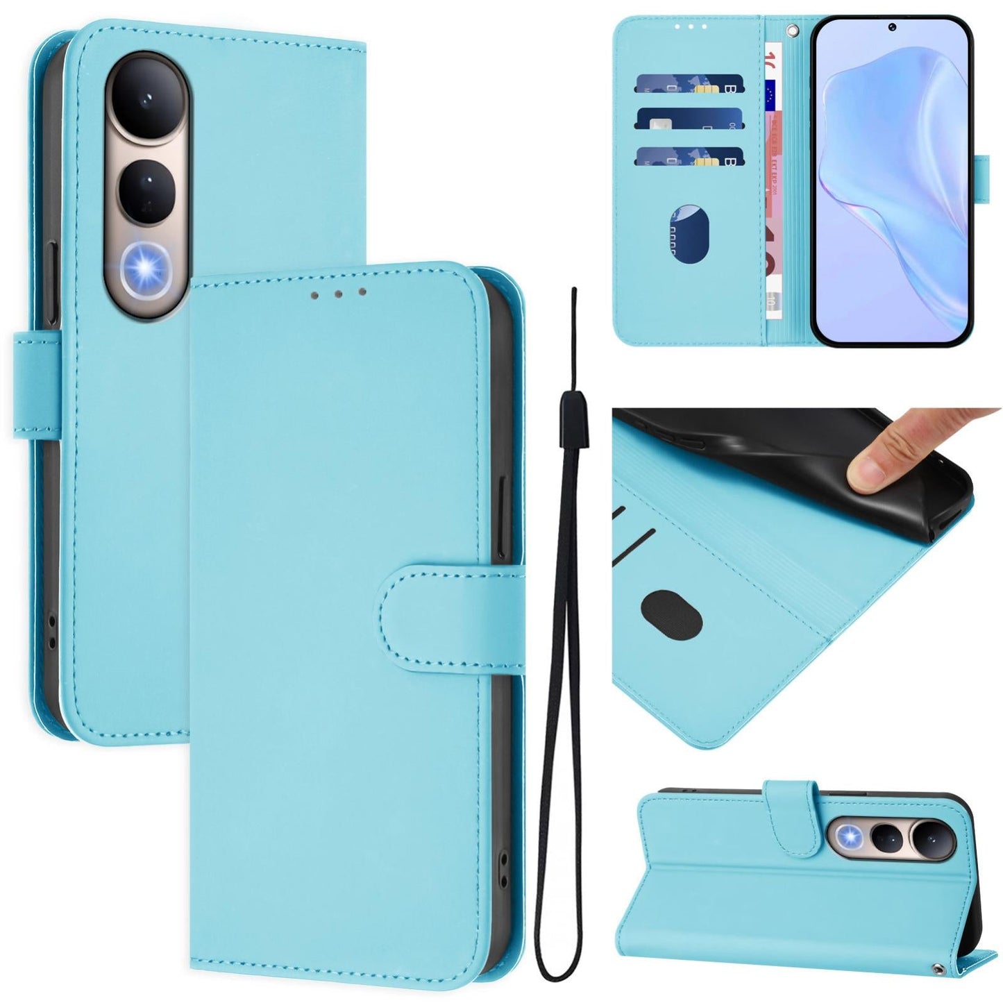 For vivo V50 Lite 5G Skin Feel Solid Color Leather Phone Case with Lanyard(Sky Blue)