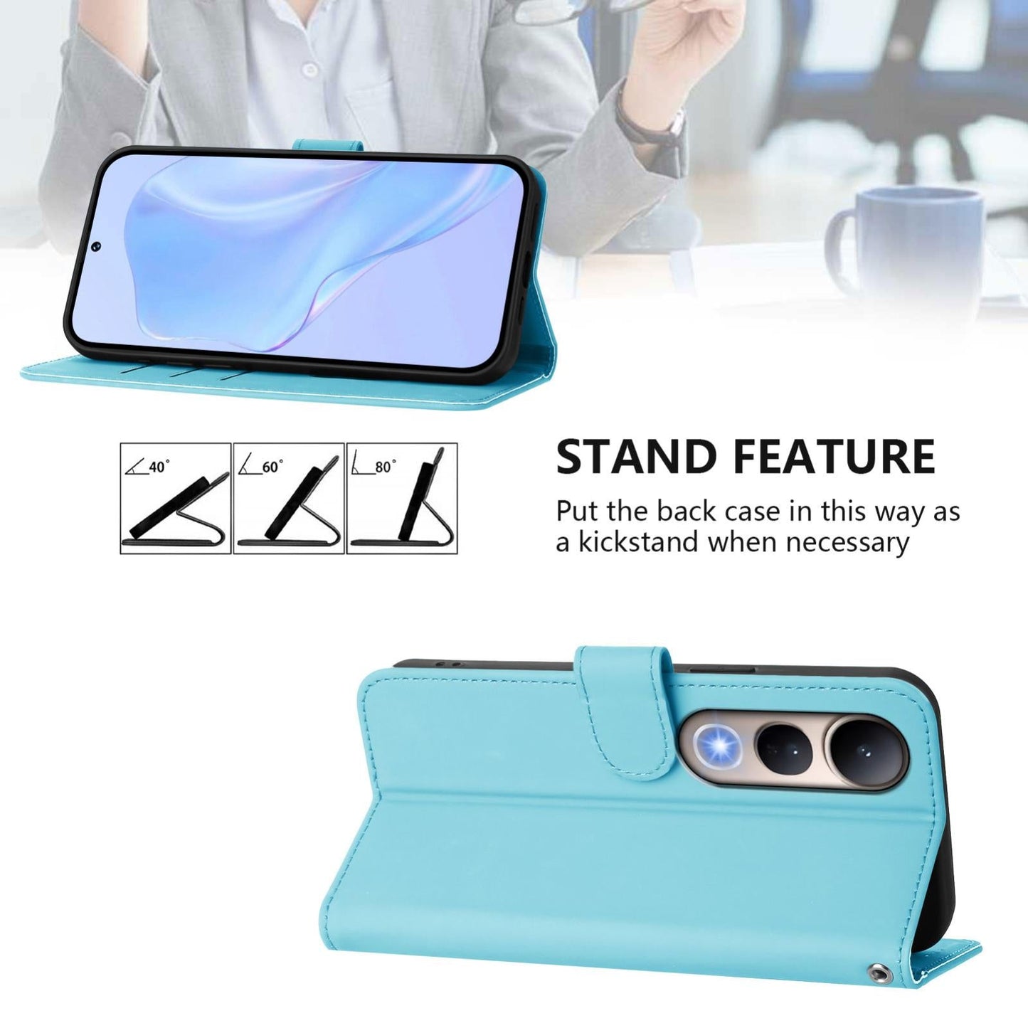 For vivo V50 Lite 5G Skin Feel Solid Color Leather Phone Case with Lanyard(Sky Blue)