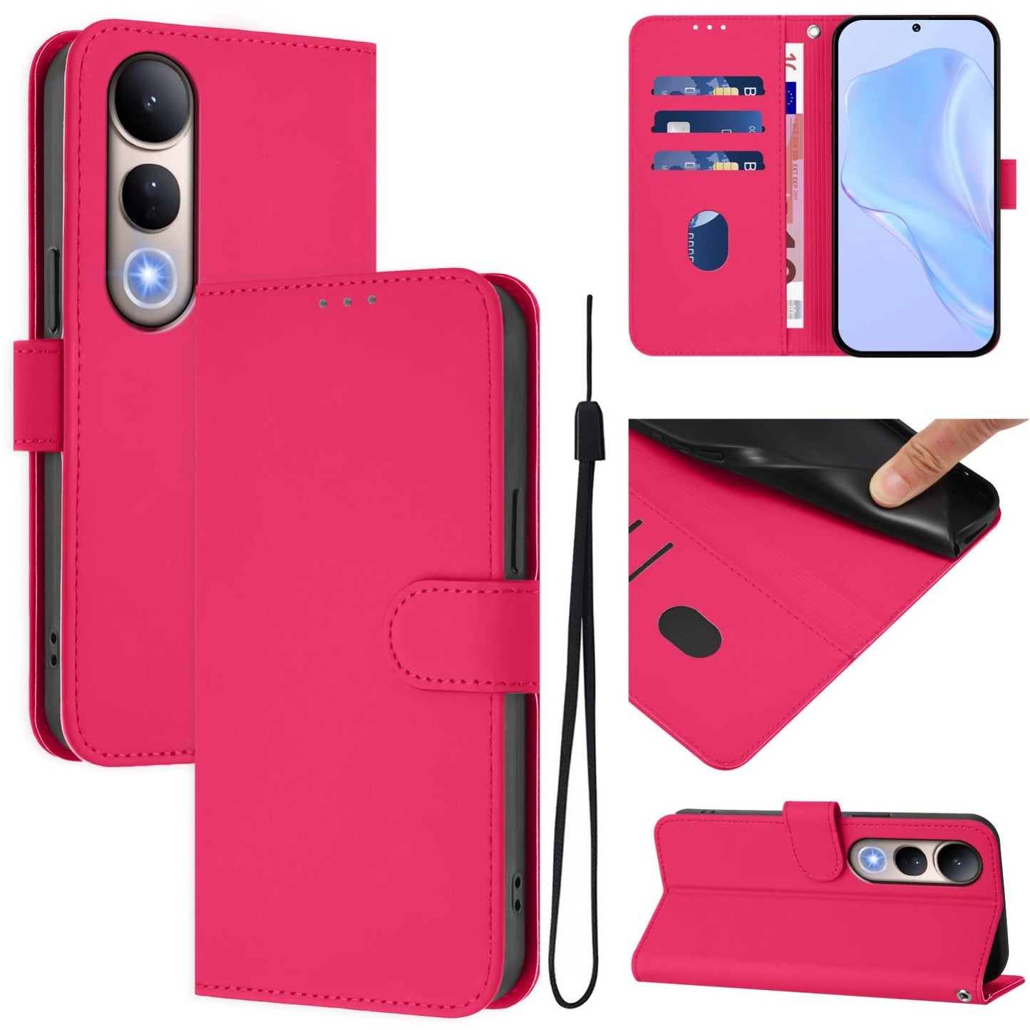 For vivo V50 Lite 5G Skin Feel Solid Color Leather Phone Case with Lanyard(Rose Red)
