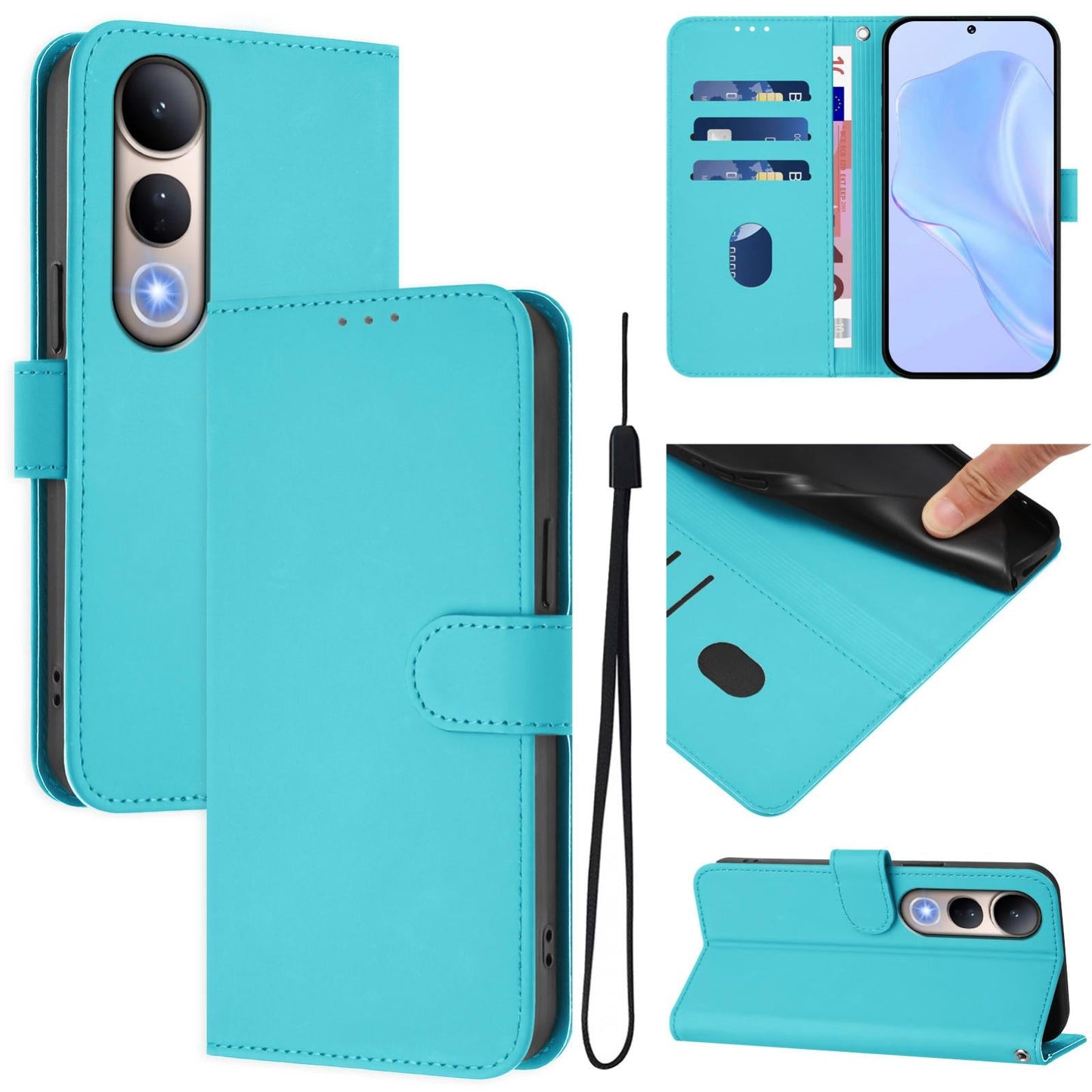 For vivo V50 Lite 5G Skin Feel Solid Color Leather Phone Case with Lanyard(Lake Blue)