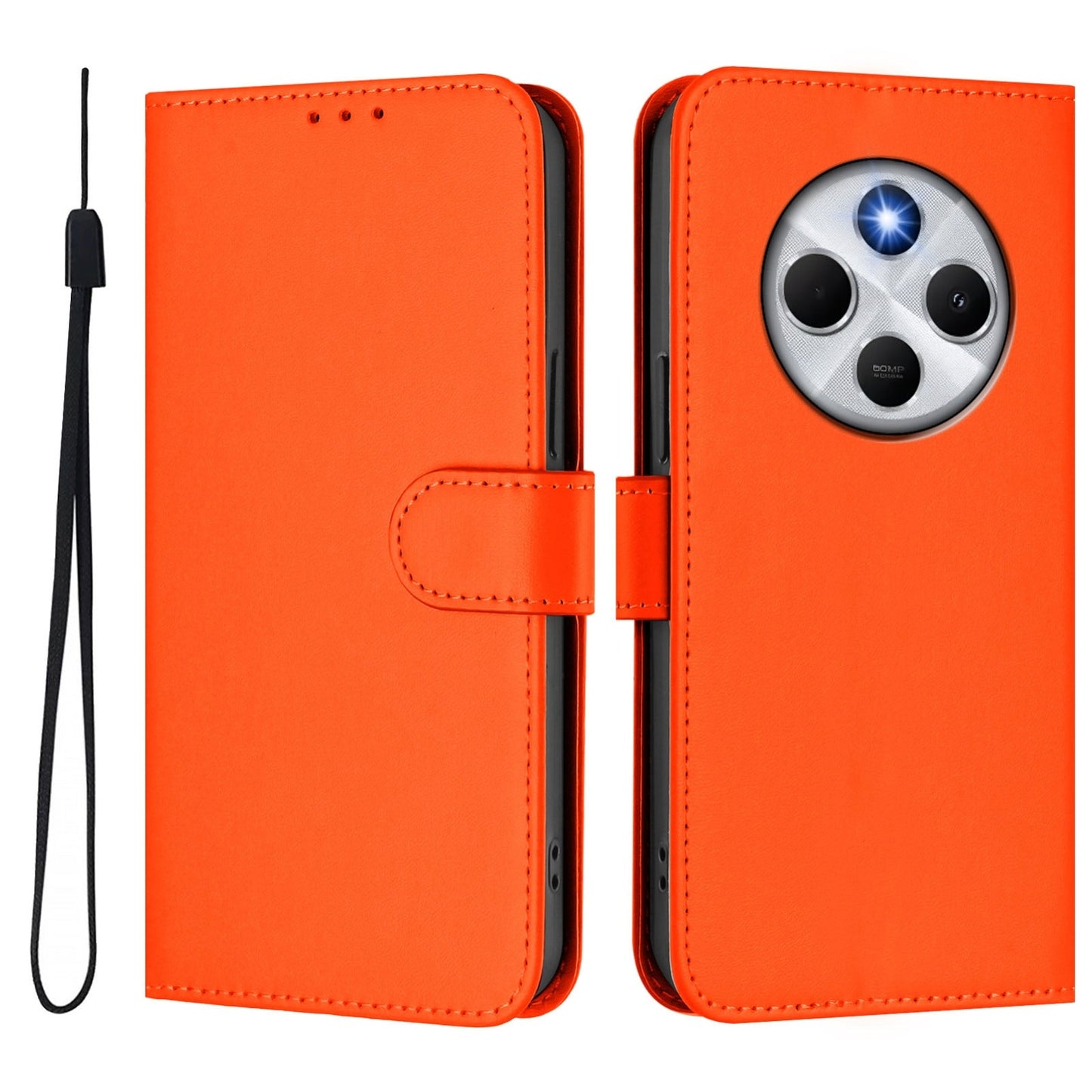 For Redmi 14C 4G Skin Feel Solid Color Leather Phone Case with Lanyard(Orange)