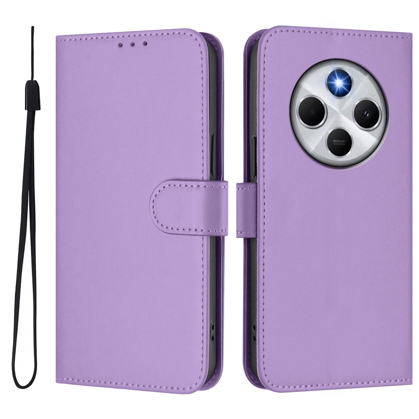 For Redmi 14C 4G Skin Feel Solid Color Leather Phone Case with Lanyard(Lavender Purple)