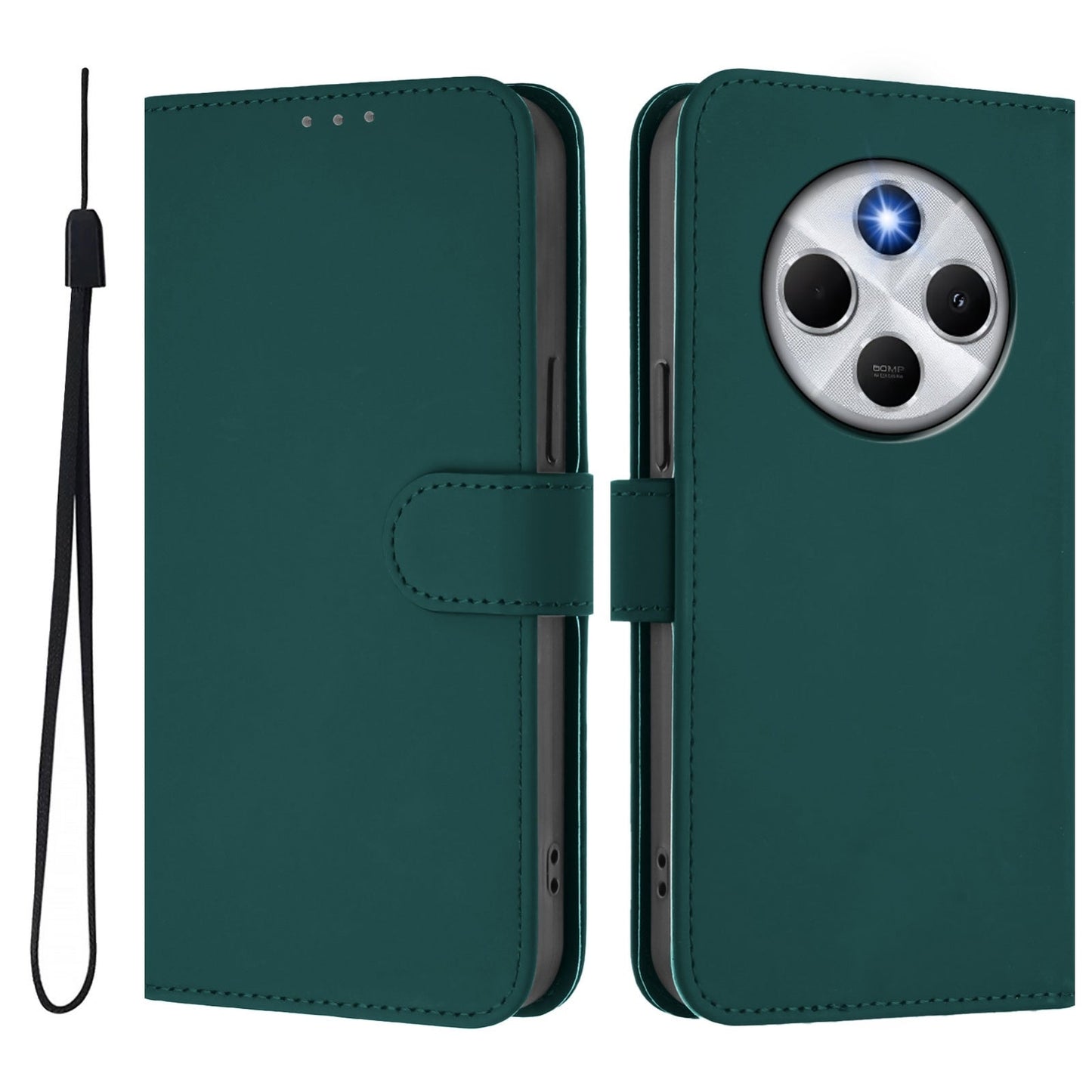 For Redmi 14C 4G Skin Feel Solid Color Leather Phone Case with Lanyard(Dark Green)