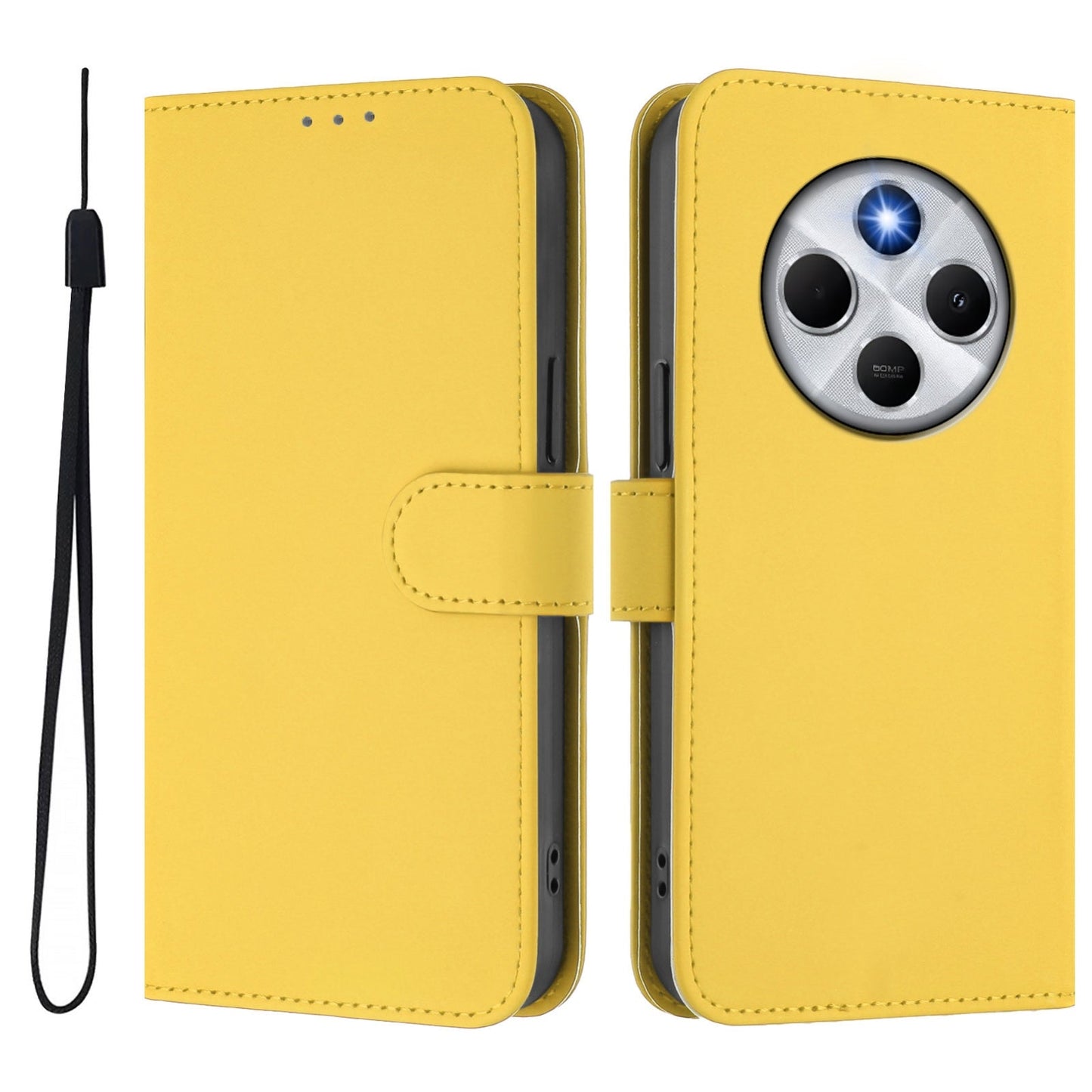 For Redmi 14C 4G Skin Feel Solid Color Leather Phone Case with Lanyard(Lemon Yellow)