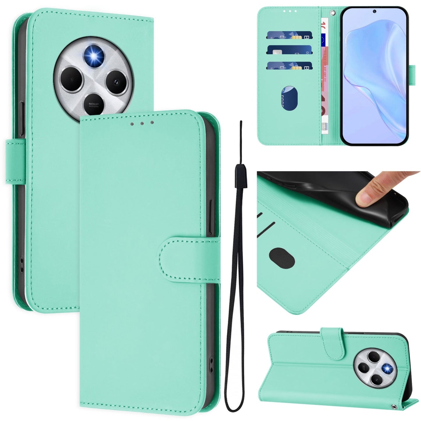 For Redmi 14C 4G Skin Feel Solid Color Leather Phone Case with Lanyard(Mint Green)