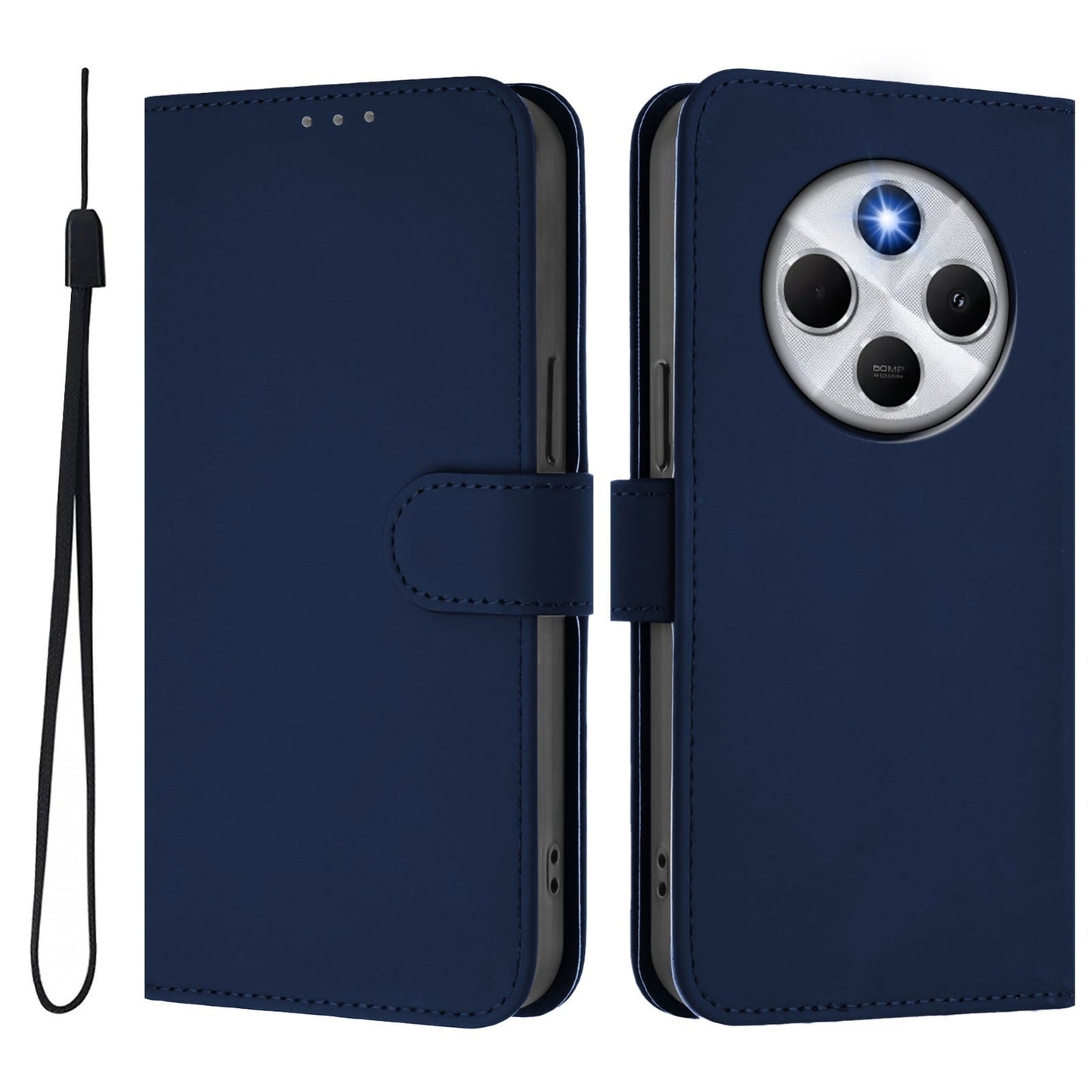 For Redmi 14C 4G Skin Feel Solid Color Leather Phone Case with Lanyard(Navy Blue)