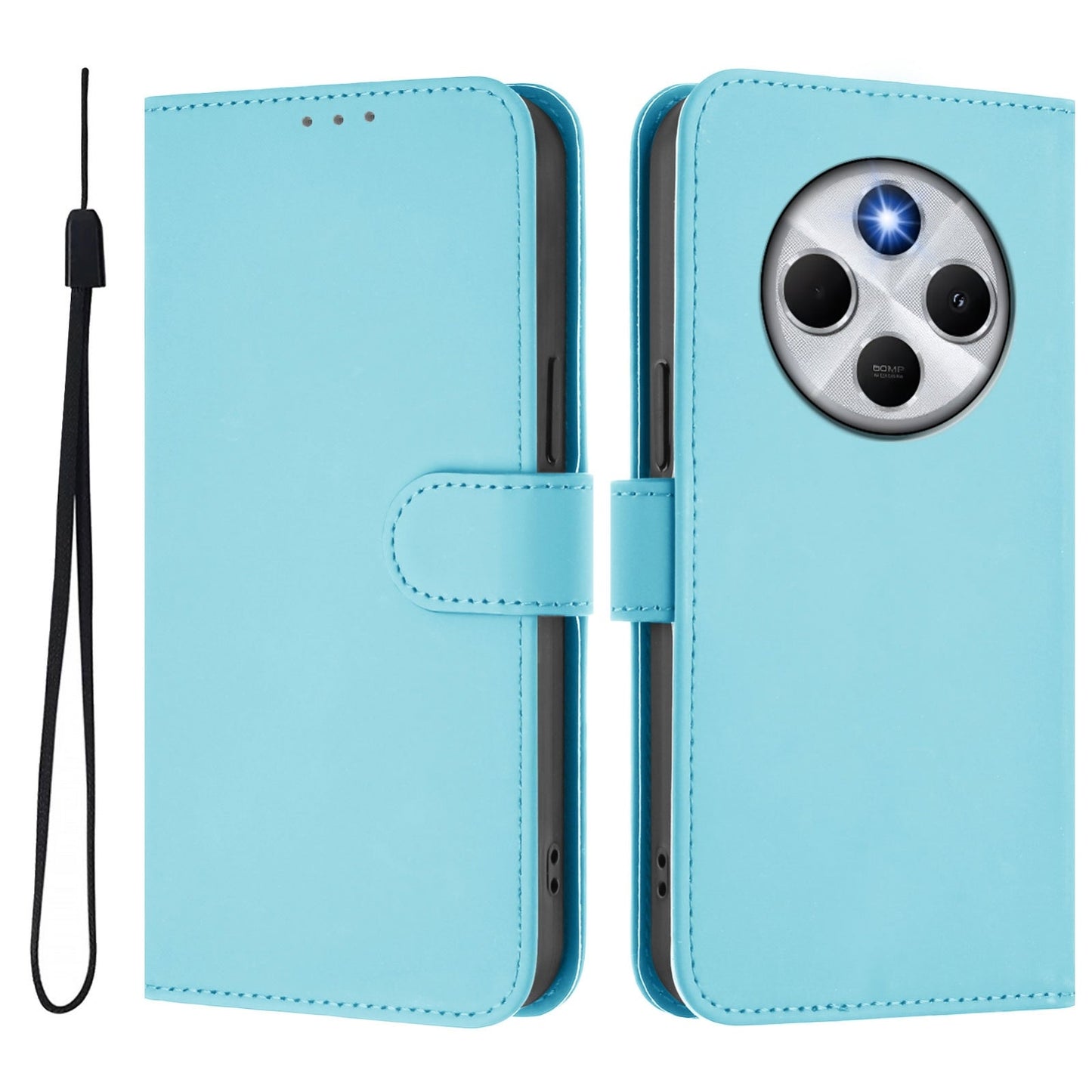 For Redmi 14C 4G Skin Feel Solid Color Leather Phone Case with Lanyard(Sky Blue)