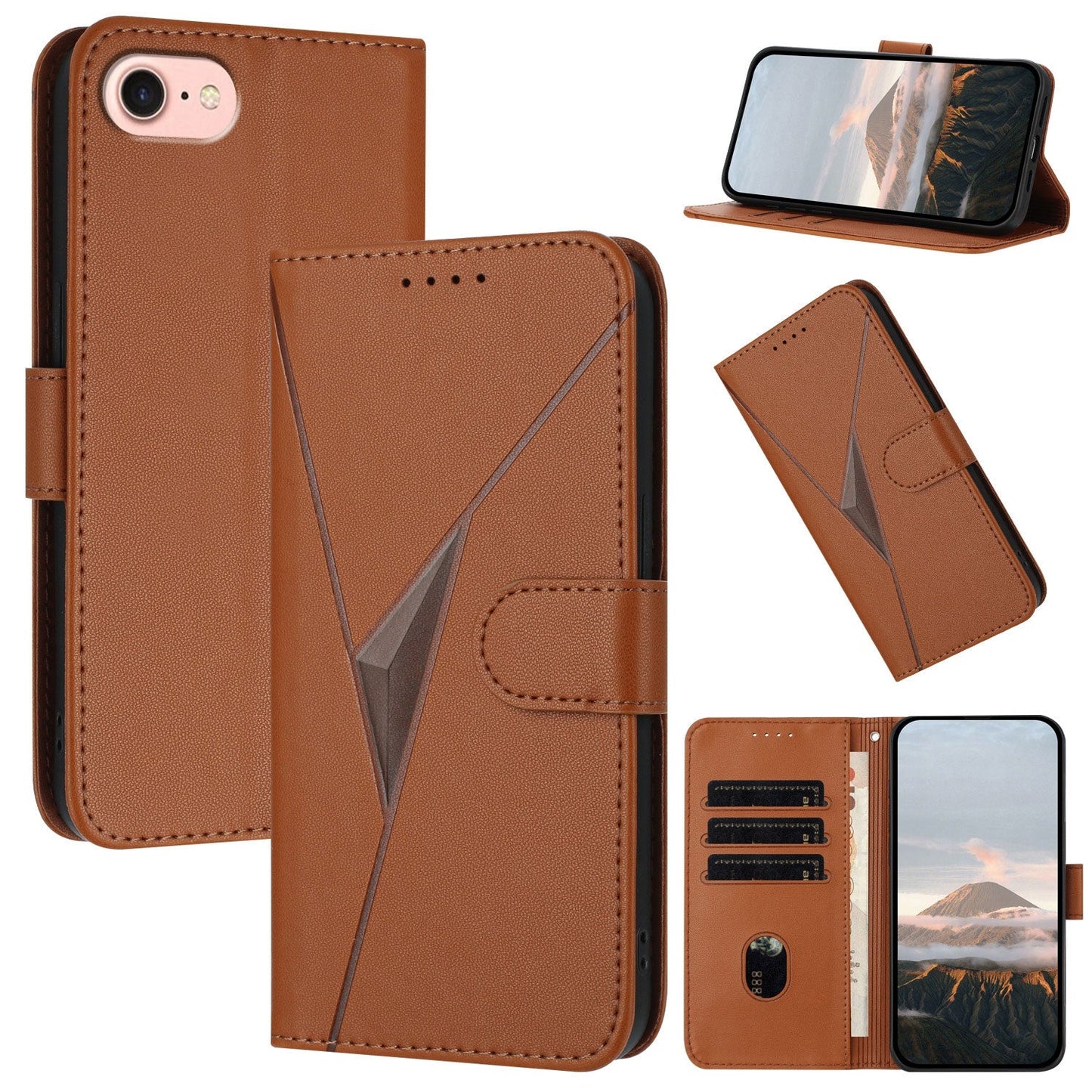 For iPhone 16e Triangle Pattern Buckle Clasp Leather Phone Case(Brown)