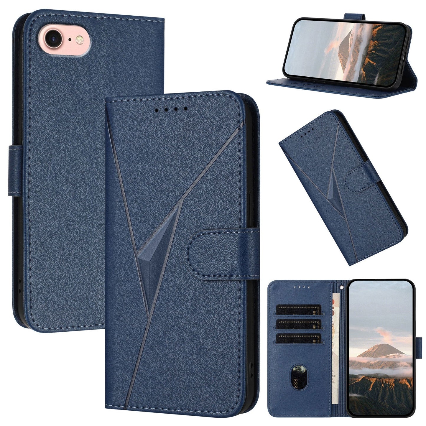 For iPhone 16e Triangle Pattern Buckle Clasp Leather Phone Case(Royal Blue)