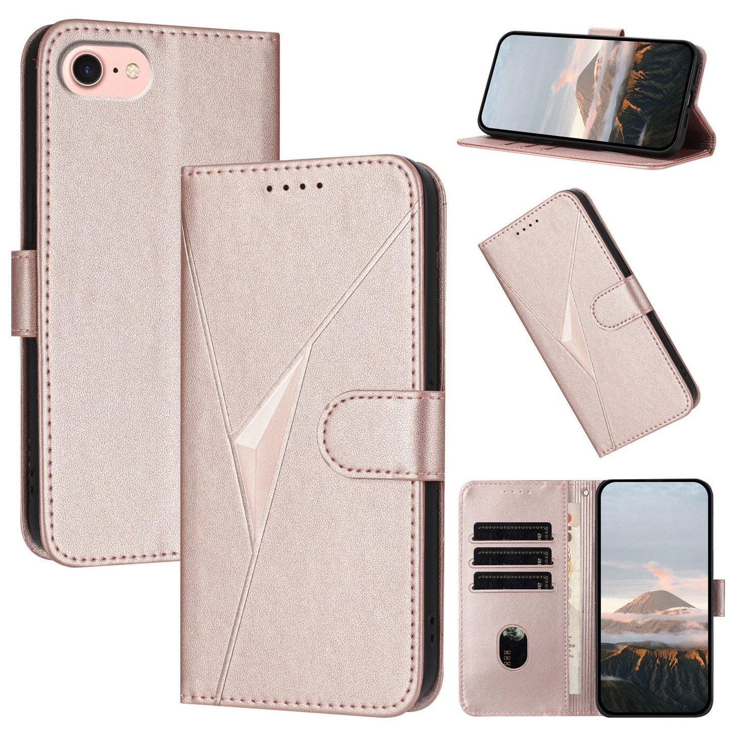 For iPhone 16e Triangle Pattern Buckle Clasp Leather Phone Case(Rose Gold)