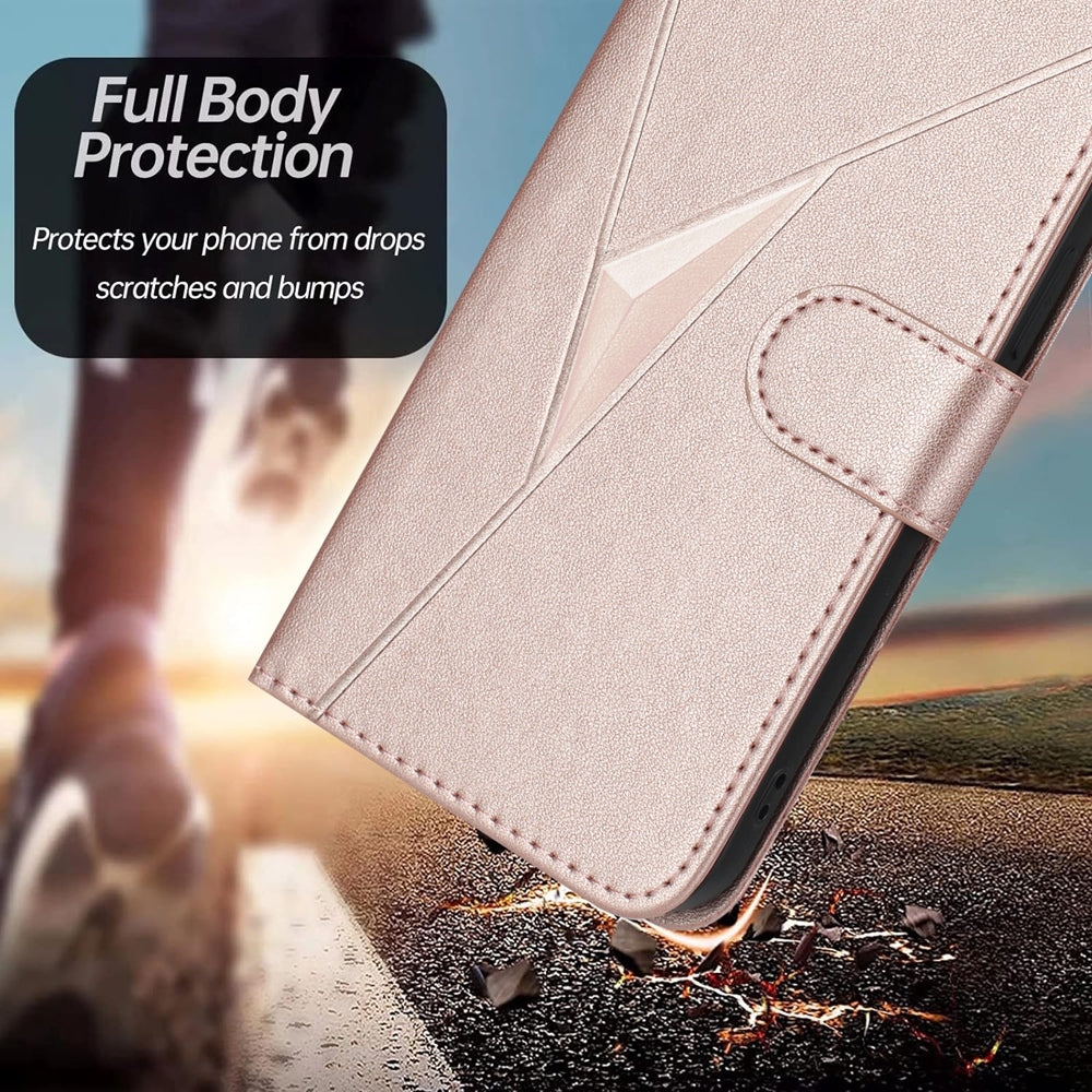 For iPhone 16e Triangle Pattern Buckle Clasp Leather Phone Case(Rose Gold)