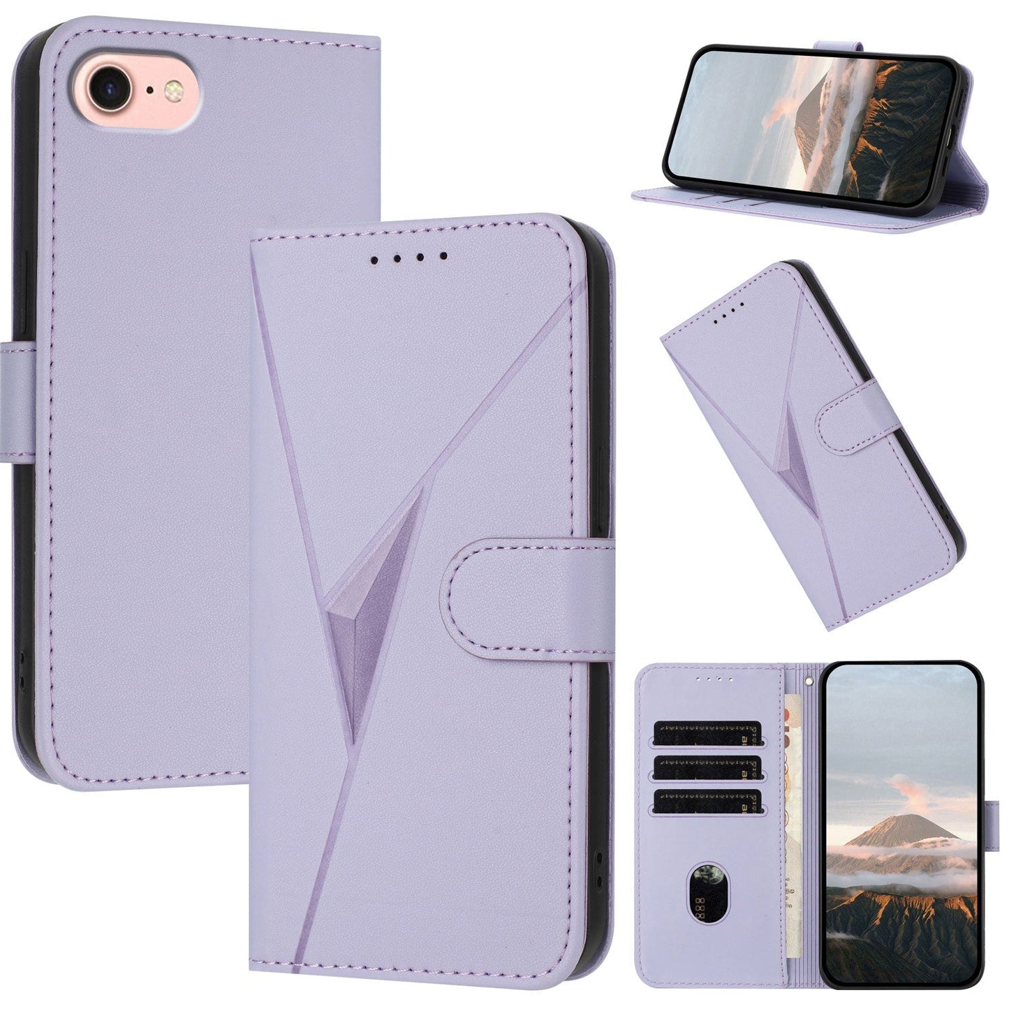 For iPhone 16e Triangle Pattern Buckle Clasp Leather Phone Case(Light Purple)