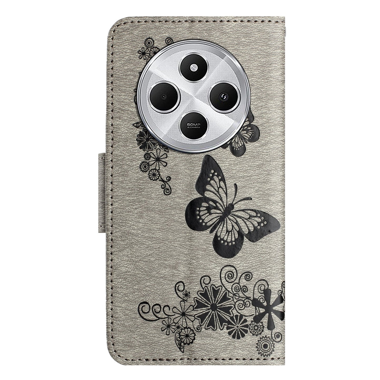 For Redmi 14C Butterfly Embossed Flip Leather Phone Case(Grey)