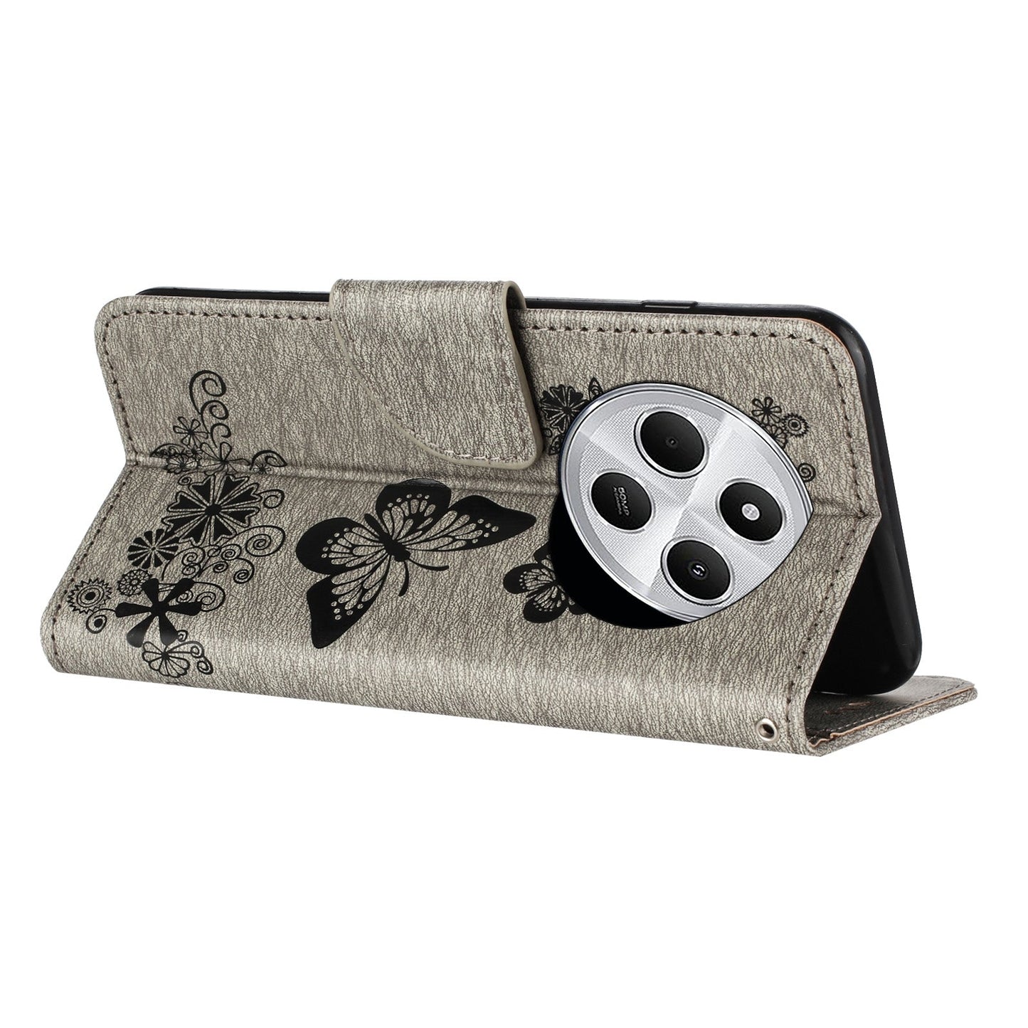 For Redmi 14C Butterfly Embossed Flip Leather Phone Case(Grey)