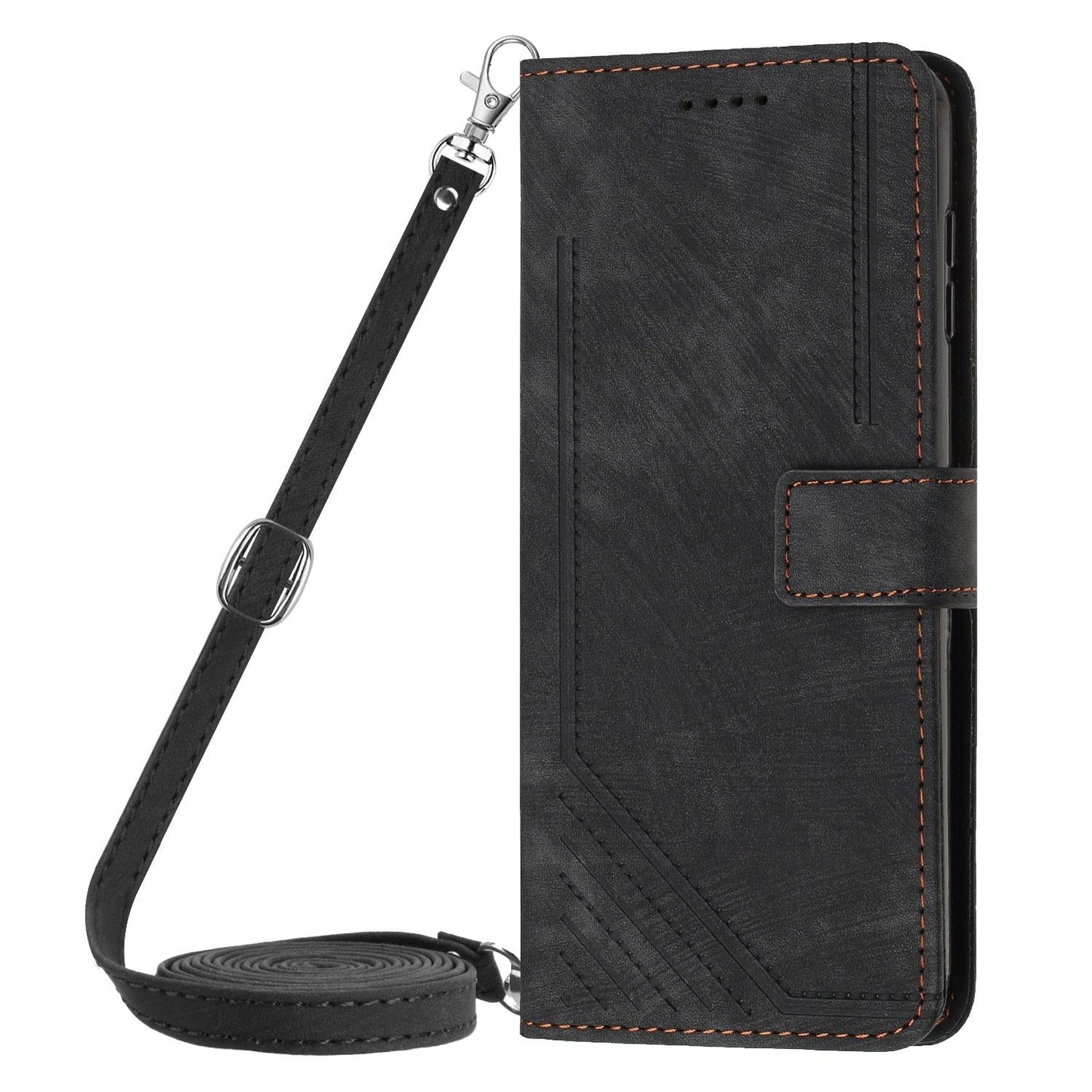 For Samsung Galaxy S25 Edge 5G Skin Feel Stripe Pattern Leather Phone Case with Long Lanyard(Black)