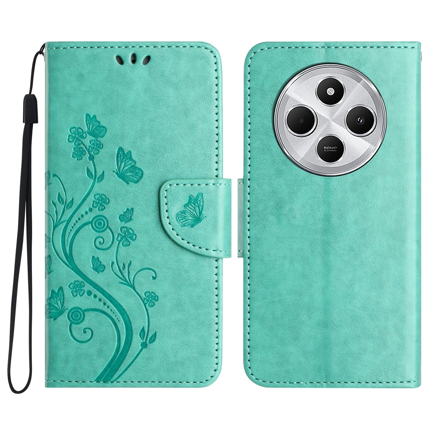 For Redmi 14C Butterfly Flower Pattern Flip Leather Phone Case(Green)