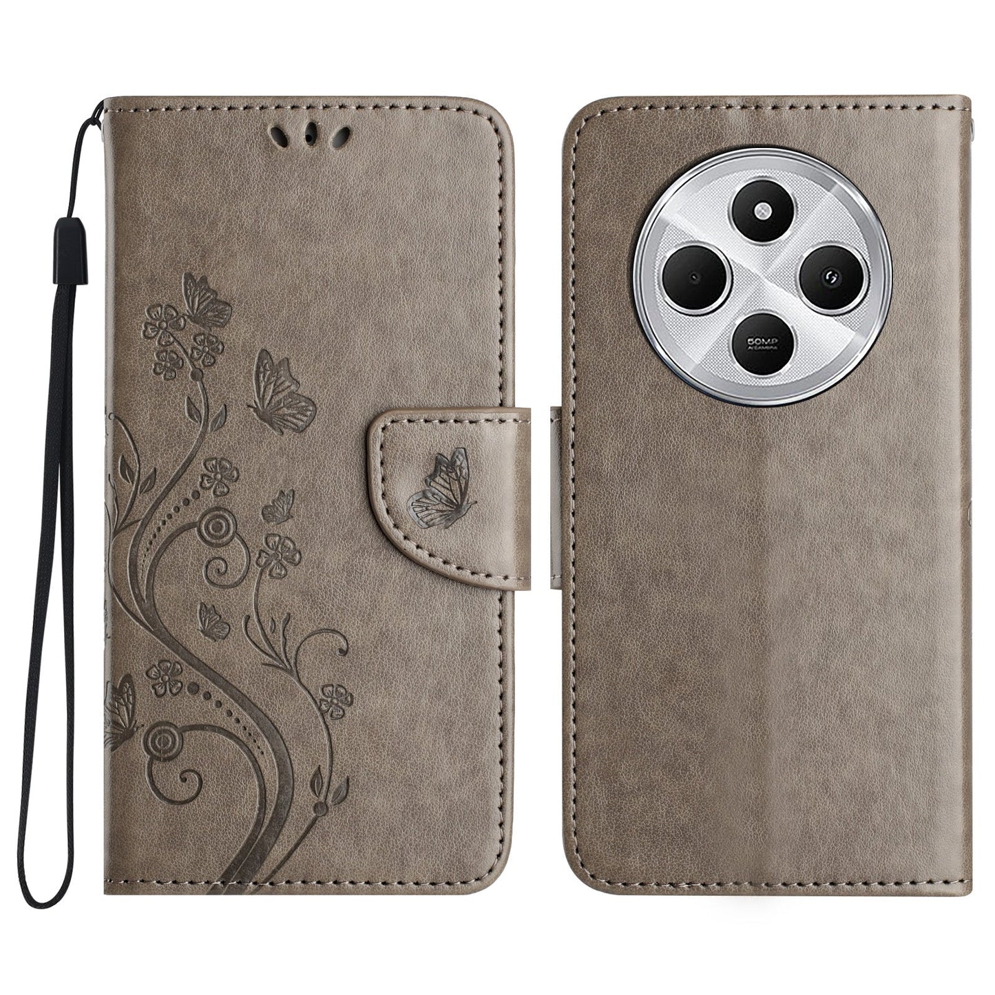 For Redmi 14C Butterfly Flower Pattern Flip Leather Phone Case(Grey)