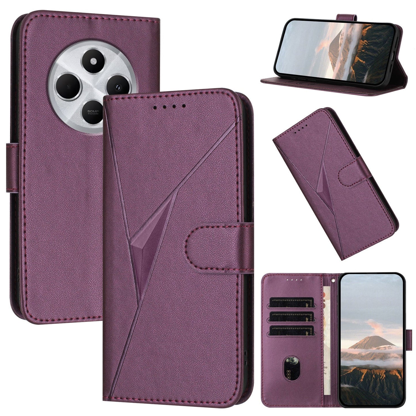 For Redmi 14C 4G Triangle Pattern Buckle Clasp Leather Phone Case(Dark Purple)