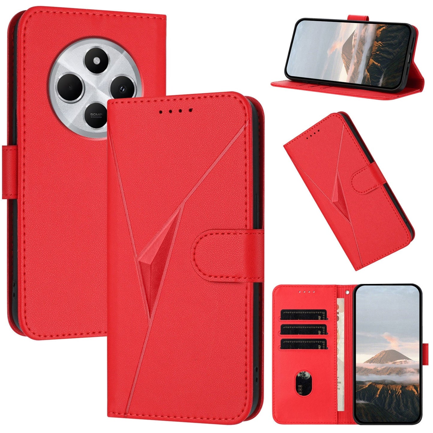 For Redmi 14C 4G Triangle Pattern Buckle Clasp Leather Phone Case(Red)