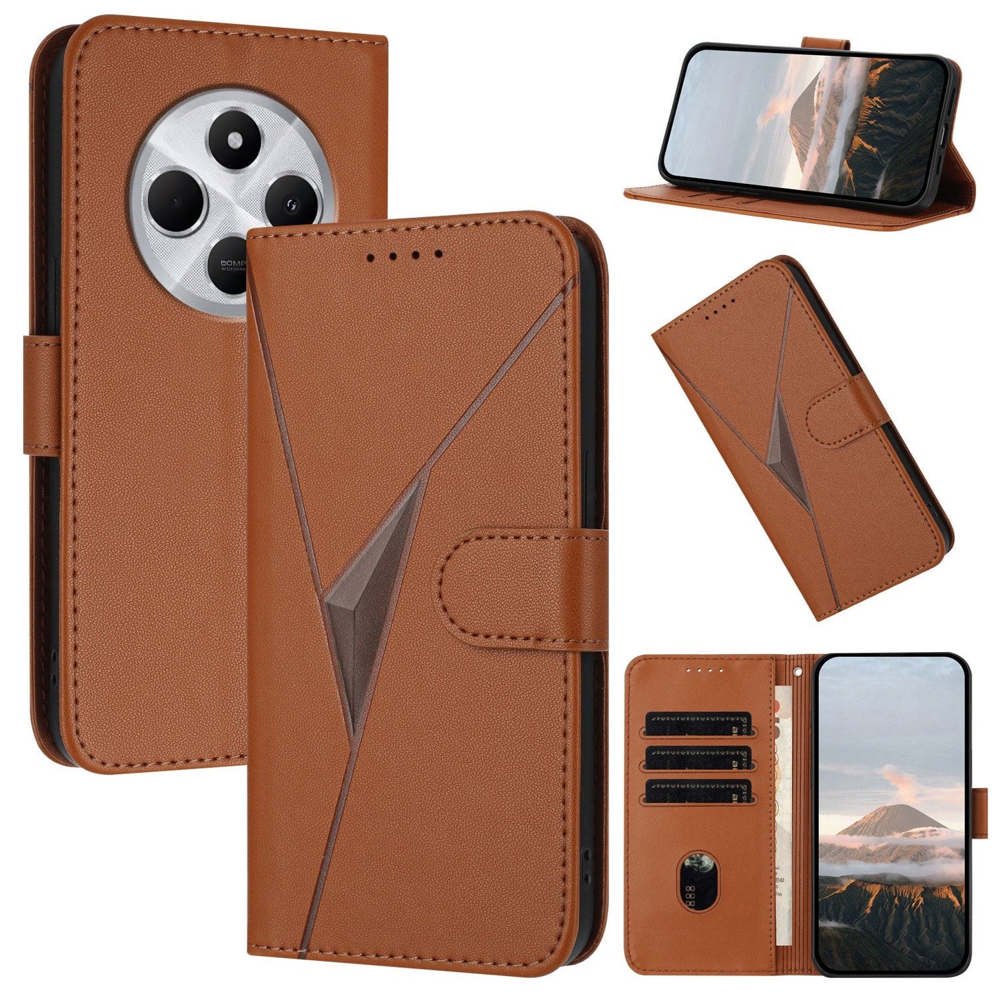 For Redmi 14C 4G Triangle Pattern Buckle Clasp Leather Phone Case(Brown)