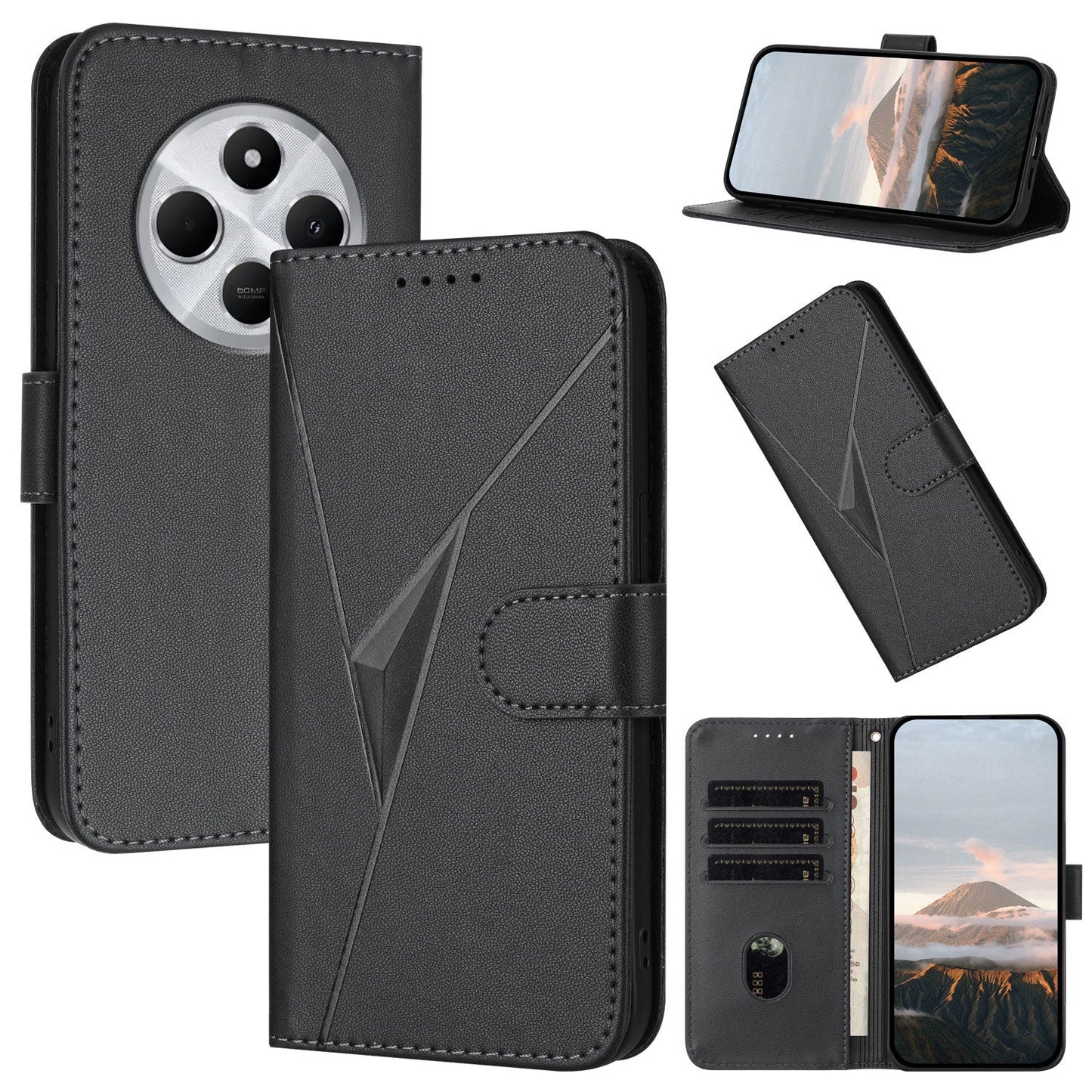 For Redmi 14C 4G Triangle Pattern Buckle Clasp Leather Phone Case(Black)