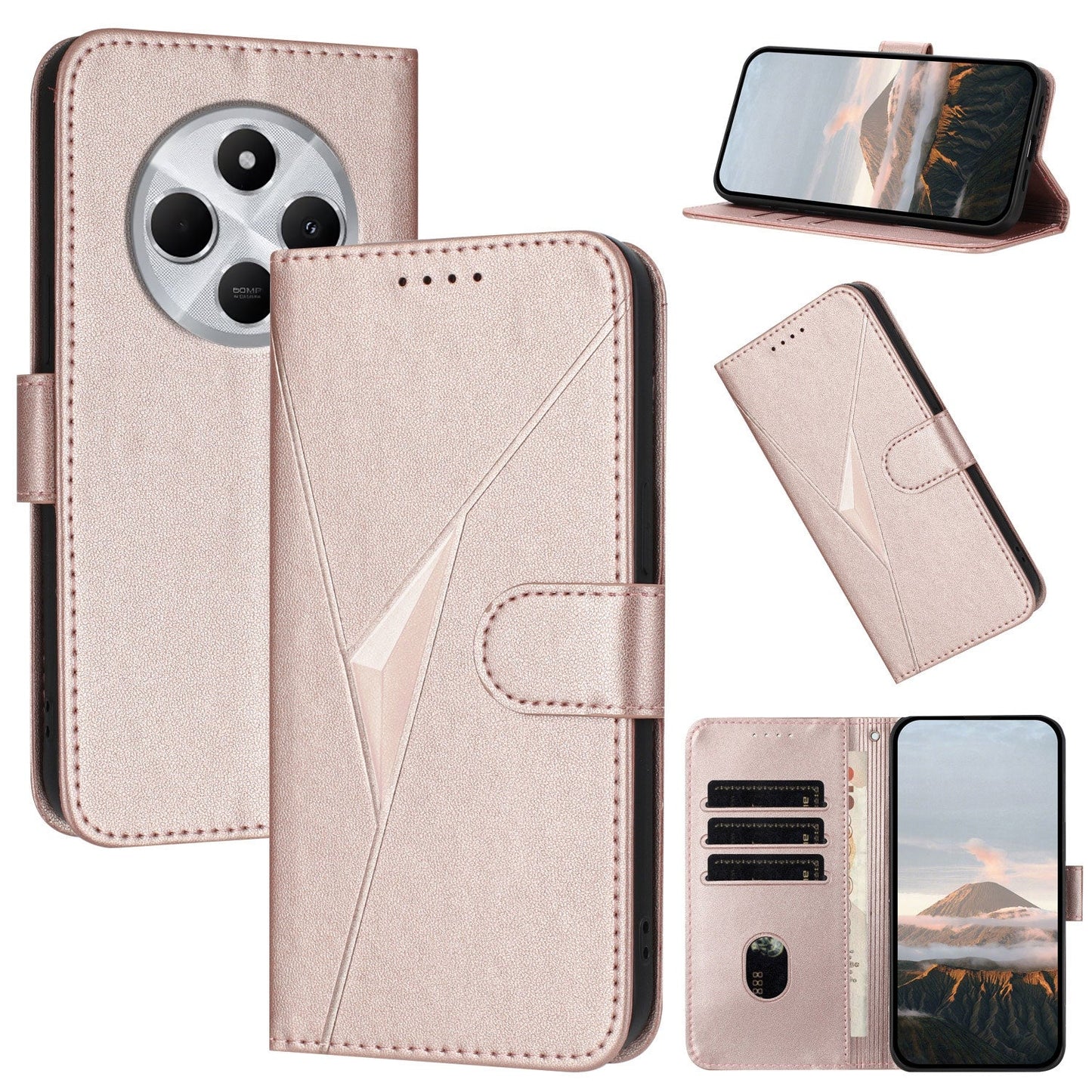 For Redmi 14C 4G Triangle Pattern Buckle Clasp Leather Phone Case(Rose Gold)
