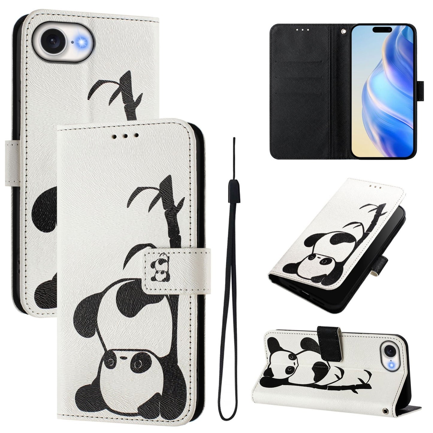 For iPhone 16e Art Colored Drawing Pattern Leather Phone Case(Panda)